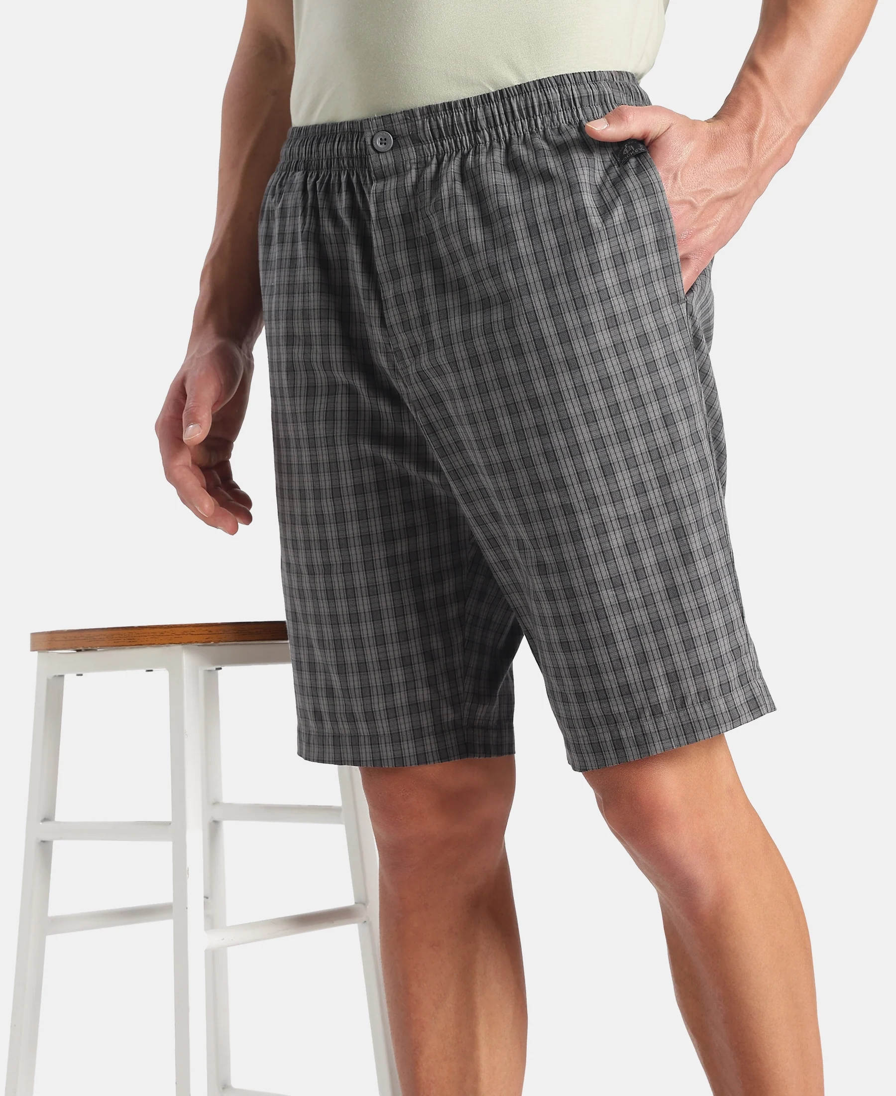 Super Combed Mercerized Cotton Woven Fabric Regular Fit Checkered Bermuda with Side Pockets - New Quiet Shade - Image 5