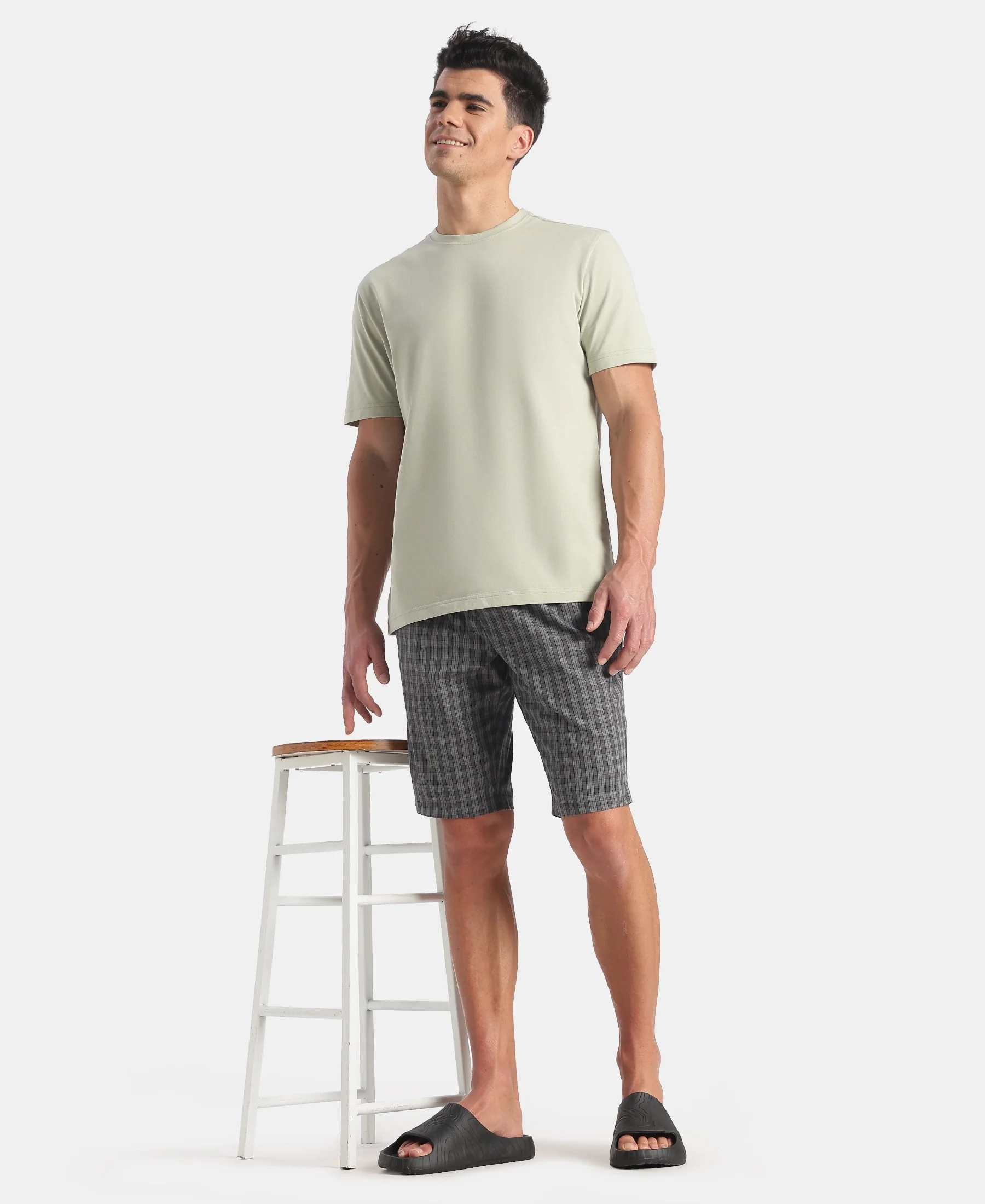 Super Combed Mercerized Cotton Woven Fabric Regular Fit Checkered Bermuda with Side Pockets - New Quiet Shade - Image 6