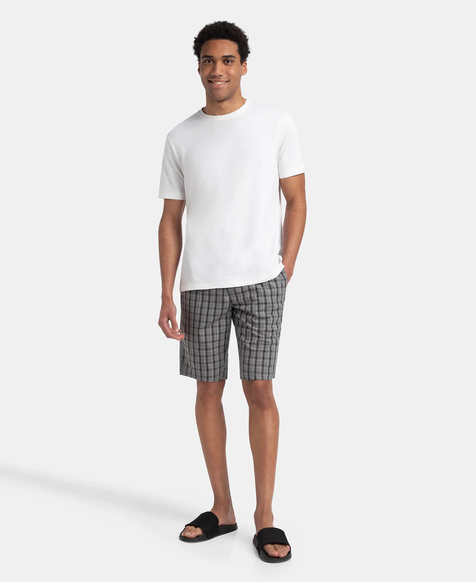Super Combed Mercerized Cotton Woven Fabric Regular Fit Checkered Bermuda with Side Pockets - Quiet Shade & Black - Image 4