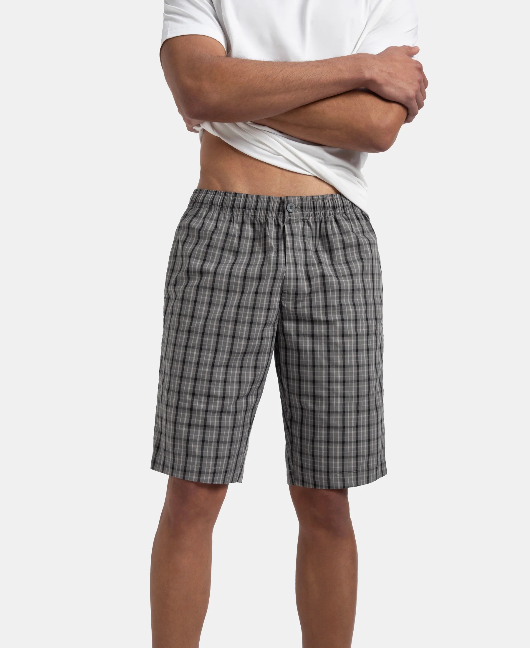 Super Combed Mercerized Cotton Woven Fabric Regular Fit Checkered Bermuda with Side Pockets - Quiet Shade & Black - Image 5