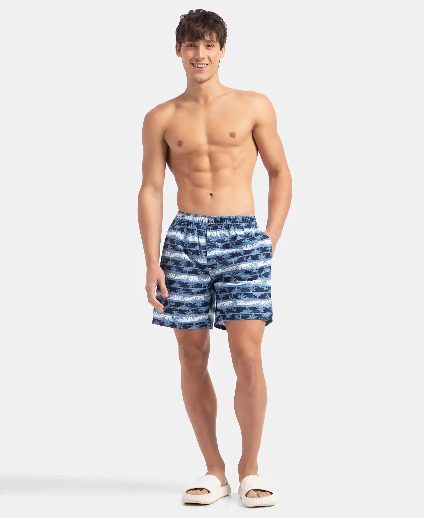Super Combed Mercerized Cotton Woven Printed Boxer Shorts with Side Pockets - Blue Heaven - Image 4