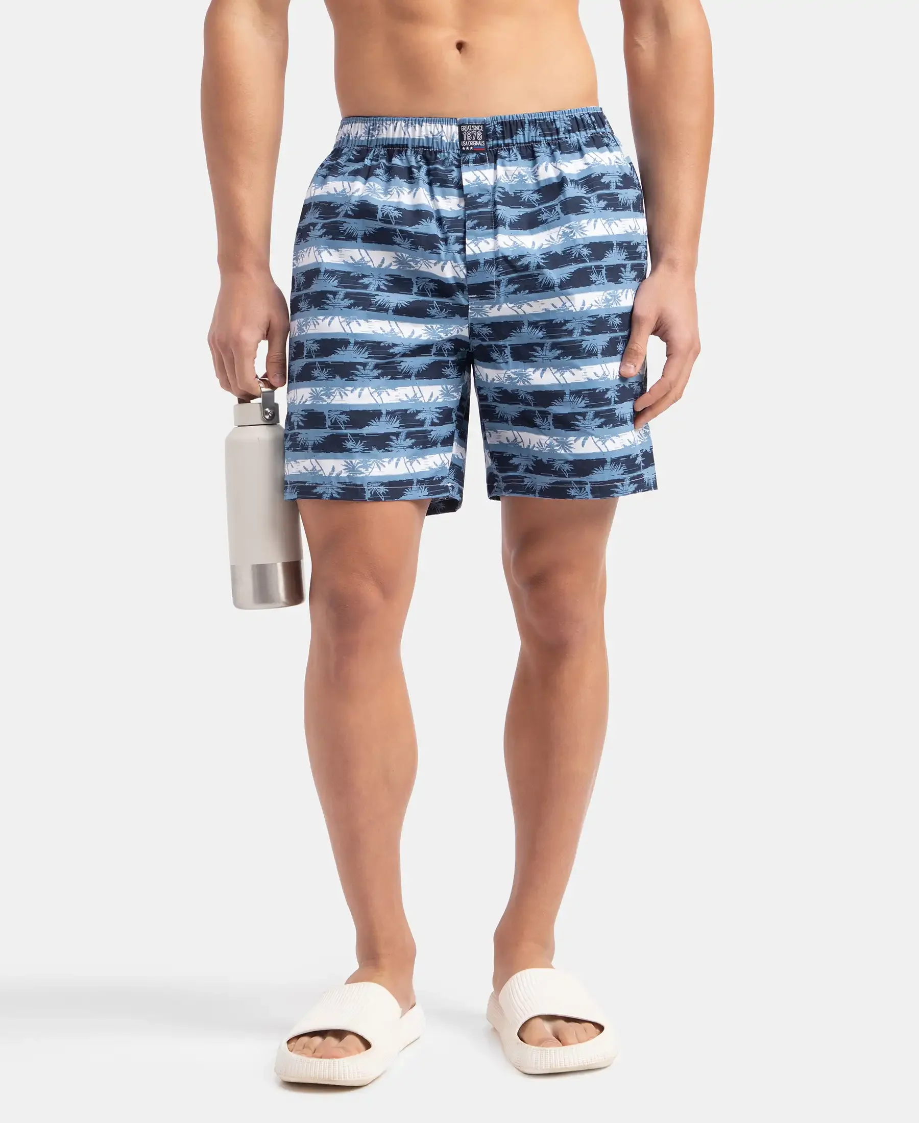 Super Combed Mercerized Cotton Woven Printed Boxer Shorts with Side Pockets - Blue Heaven - Image 5