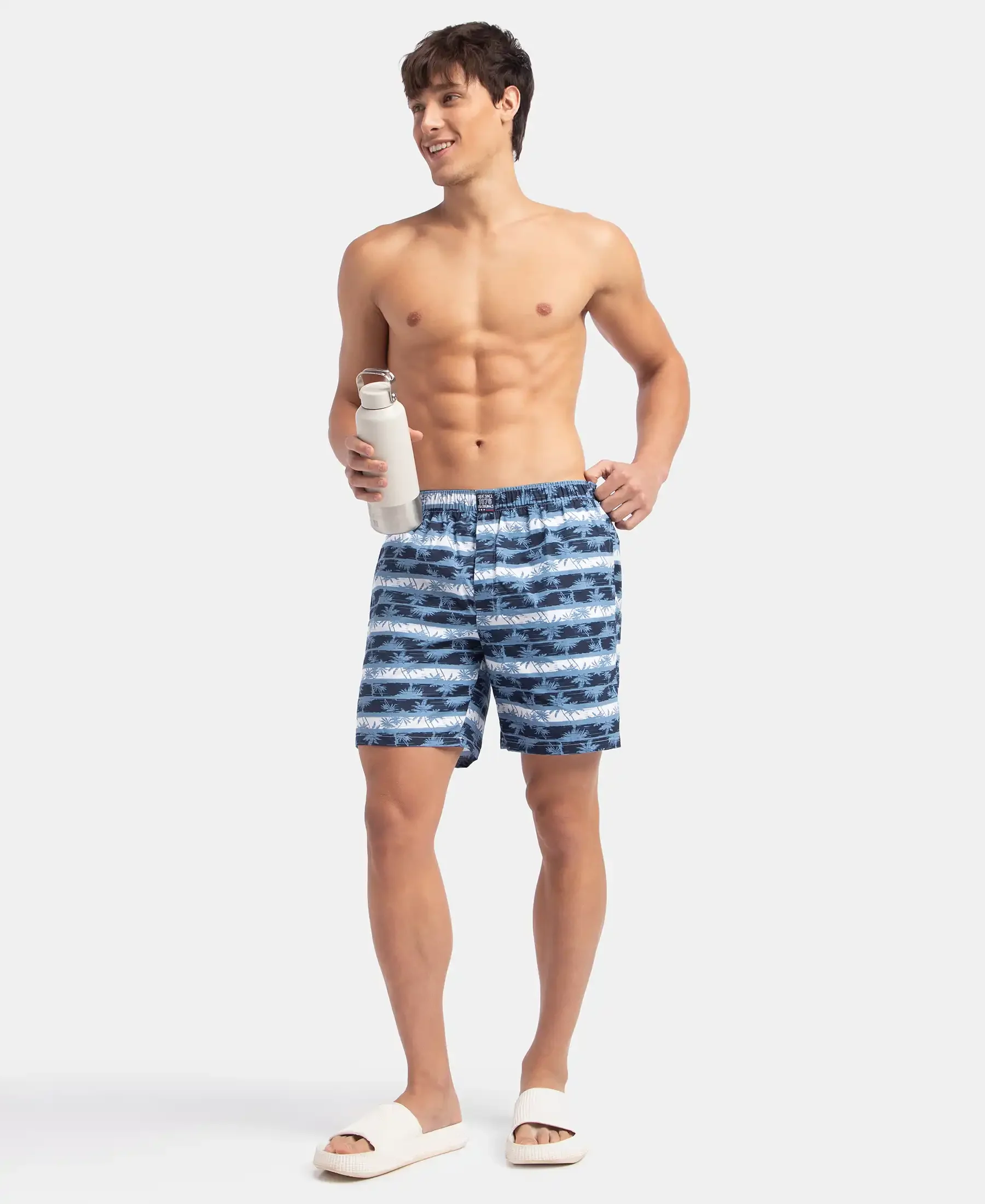 Super Combed Mercerized Cotton Woven Printed Boxer Shorts with Side Pockets - Blue Heaven - Image 6