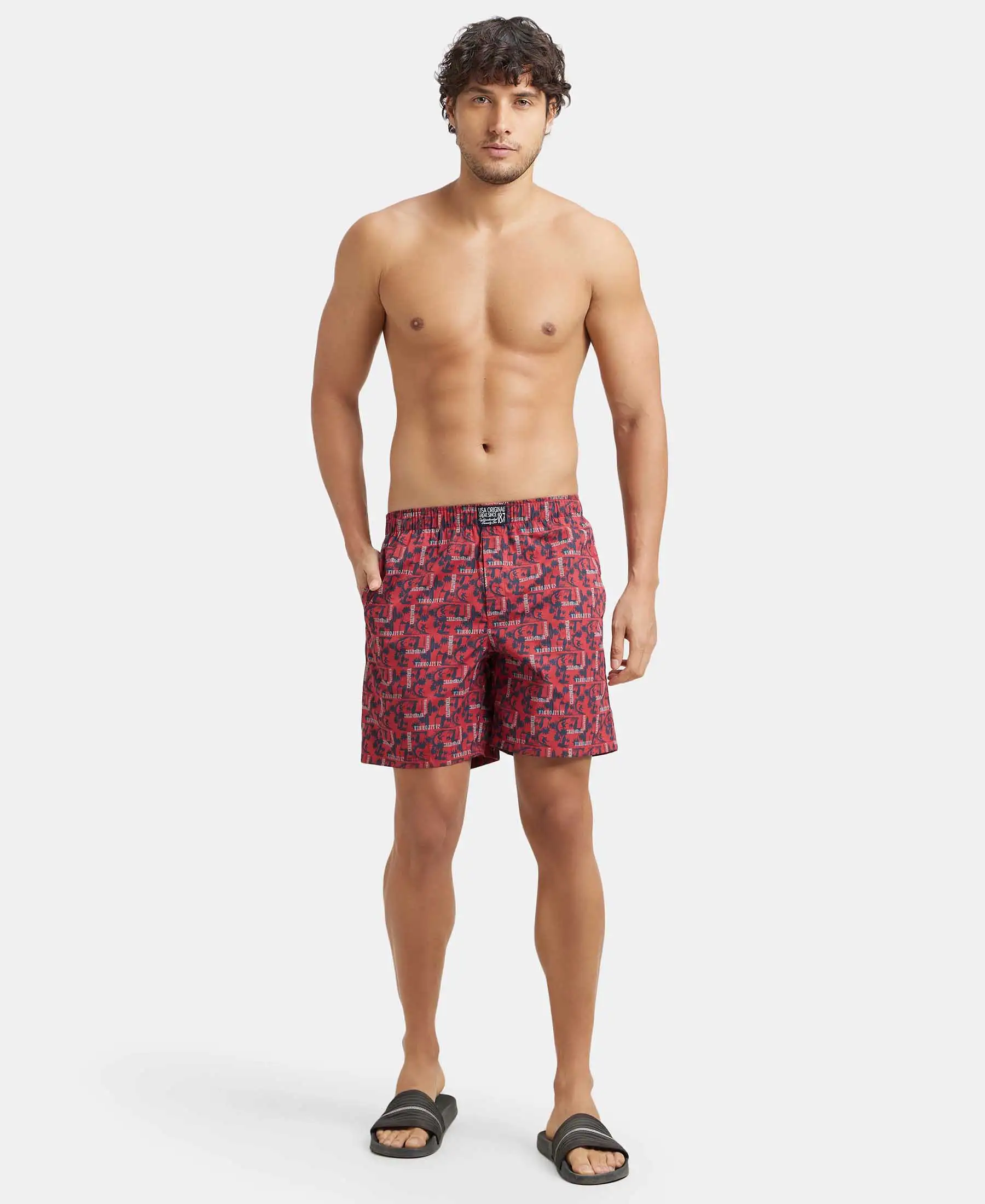 Super Combed Mercerized Cotton Woven Printed Boxer Shorts with Side Pockets - Brick Red - Image 3