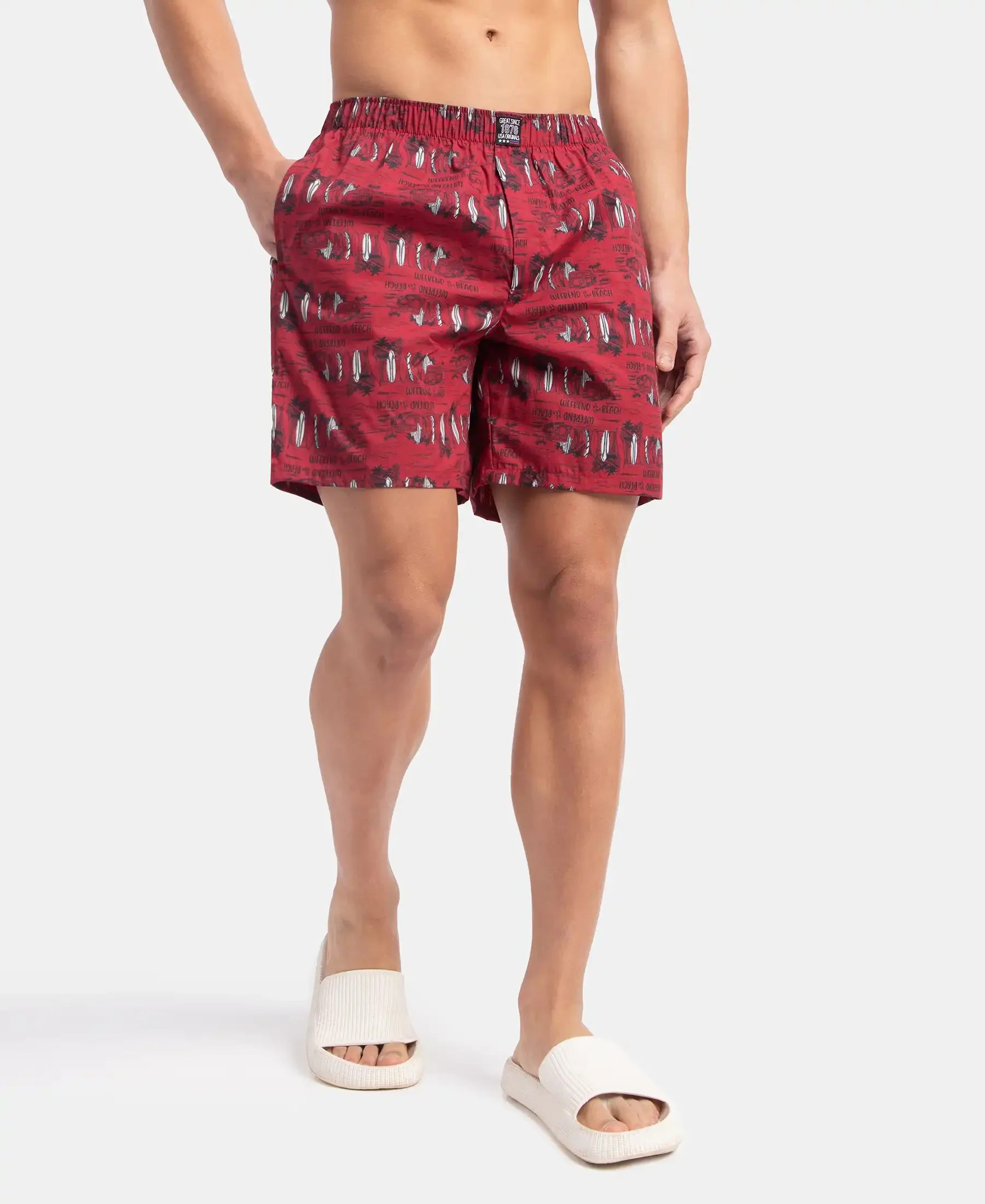 Super Combed Mercerized Cotton Woven Printed Boxer Shorts with Side Pockets - Karanda Red - Image 4