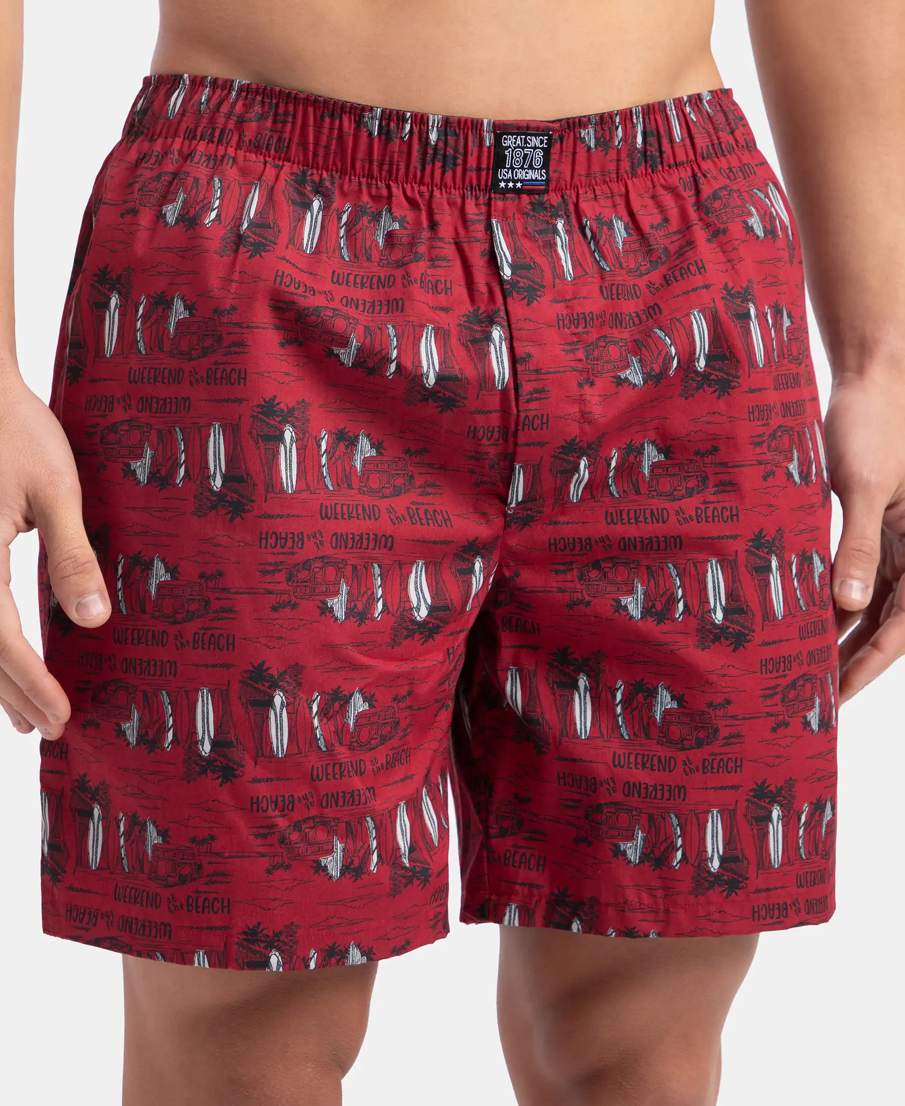 Super Combed Mercerized Cotton Woven Printed Boxer Shorts with Side Pockets - Karanda Red - Image 8