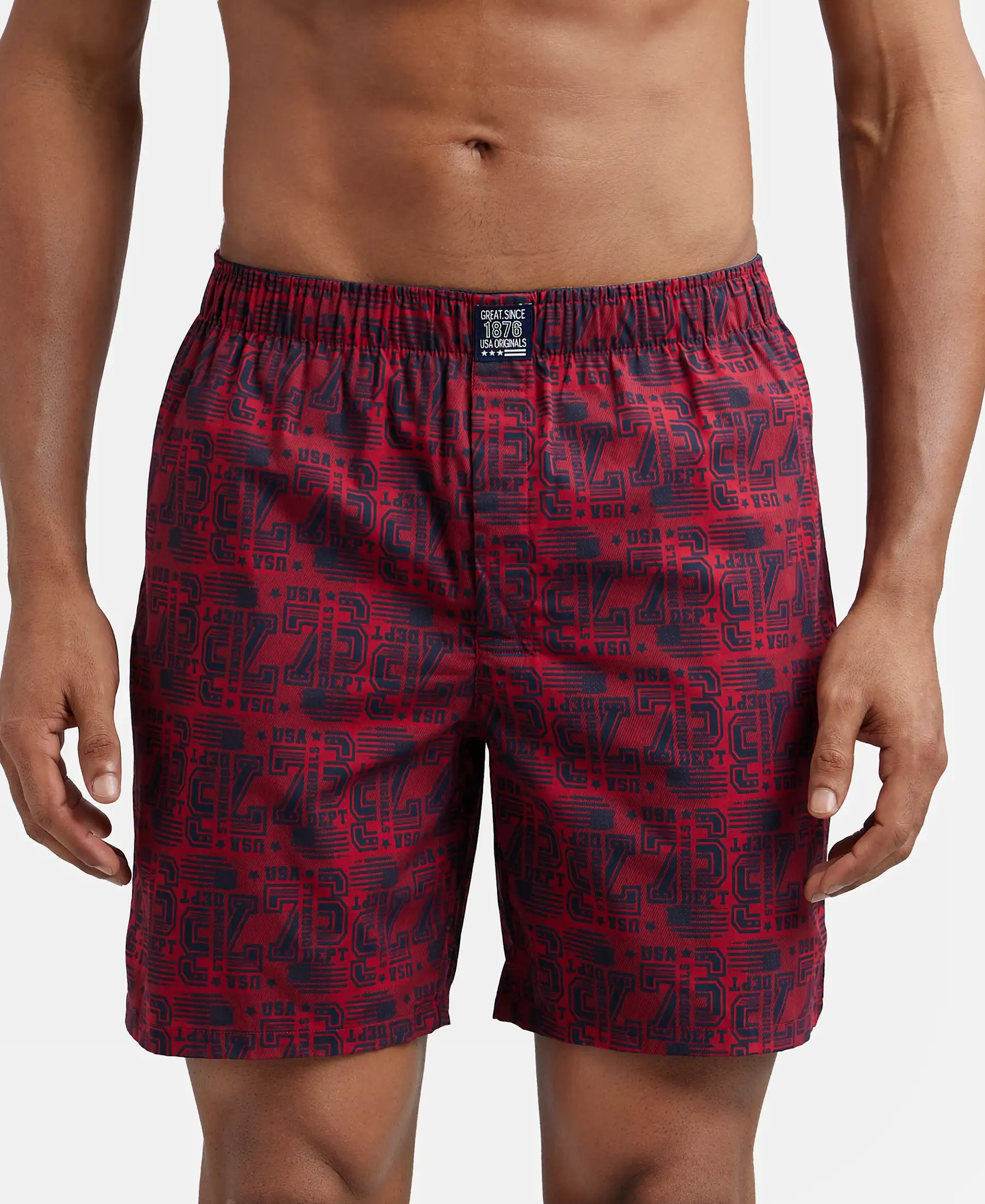 Super Combed Mercerized Cotton Woven Printed Boxer Shorts with Side Pockets - Navy Brick Red (Pack of 2) - Image 7