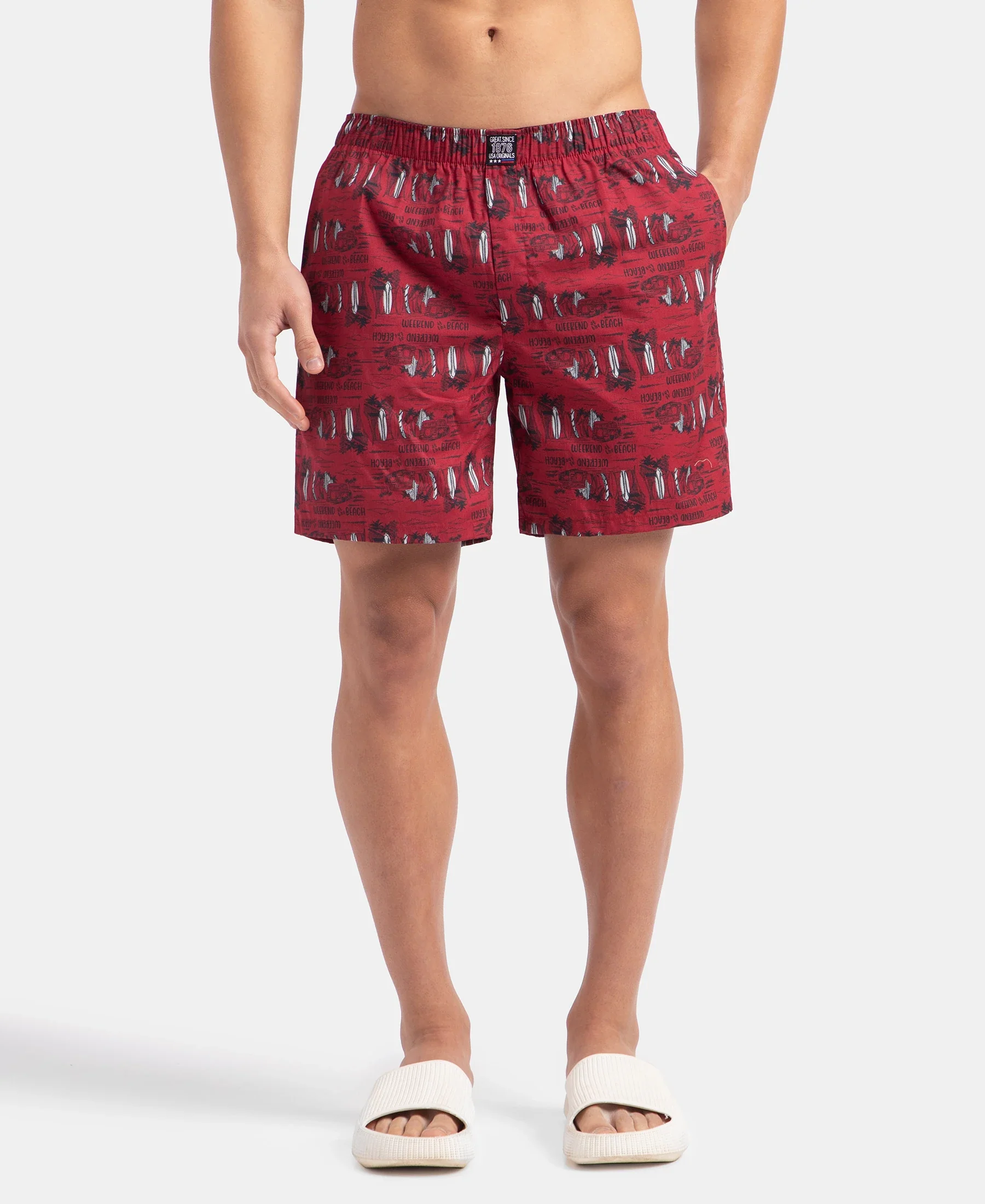 Super Combed Mercerized Cotton Woven Printed Boxer Shorts with Side Pockets - Navy & Karanda Red (Pack of 2) - Image 2