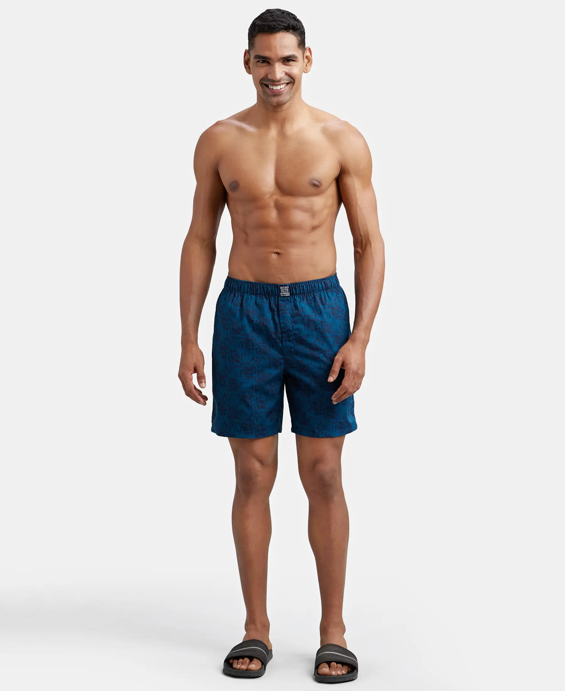Super Combed Mercerized Cotton Woven Printed Boxer Shorts with Side Pockets - Nickel & Seaport Teal (Pack of 2) - Image 9