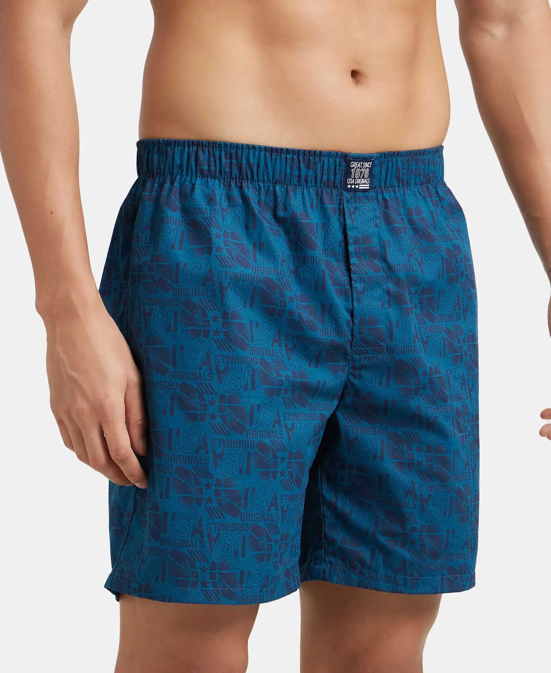 Super Combed Mercerized Cotton Woven Printed Boxer Shorts with Side Pockets - Seaport Teal - Image 2