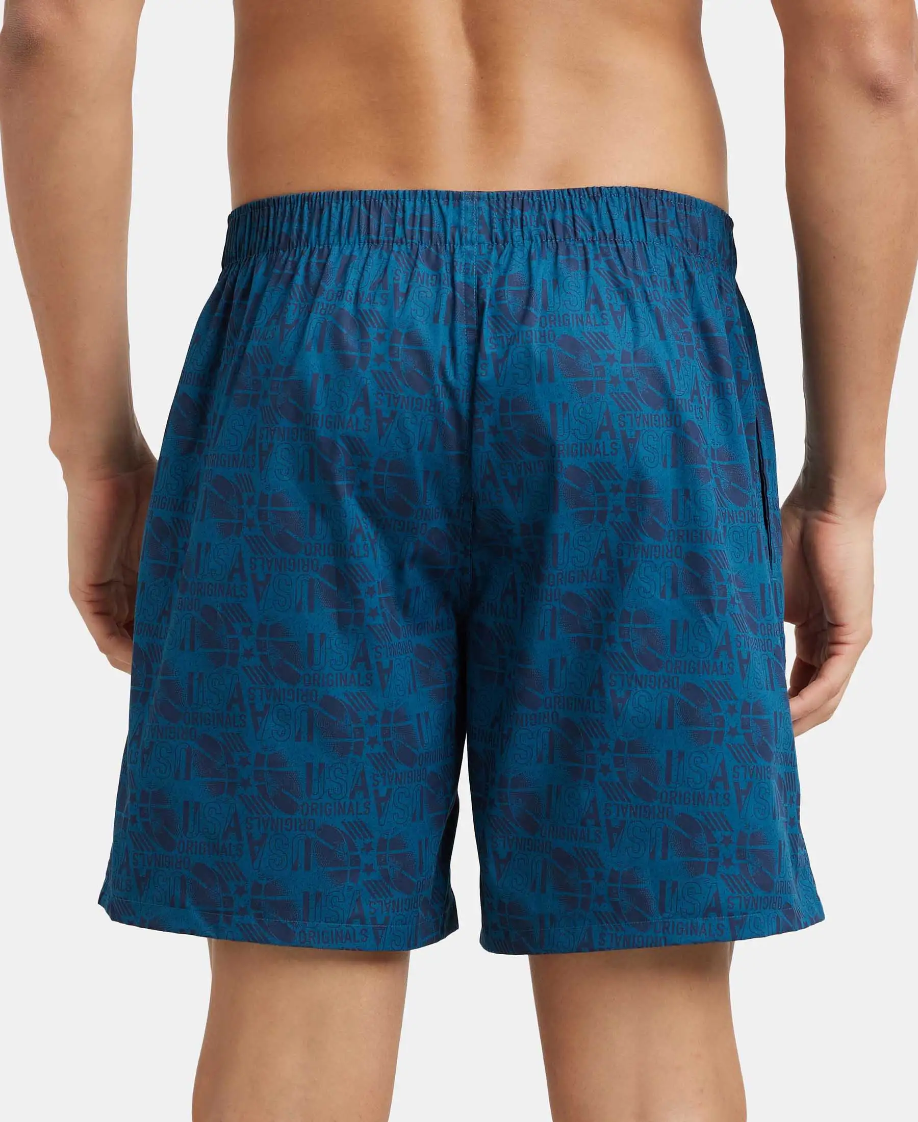 Super Combed Mercerized Cotton Woven Printed Boxer Shorts with Side Pockets - Seaport Teal - Image 3