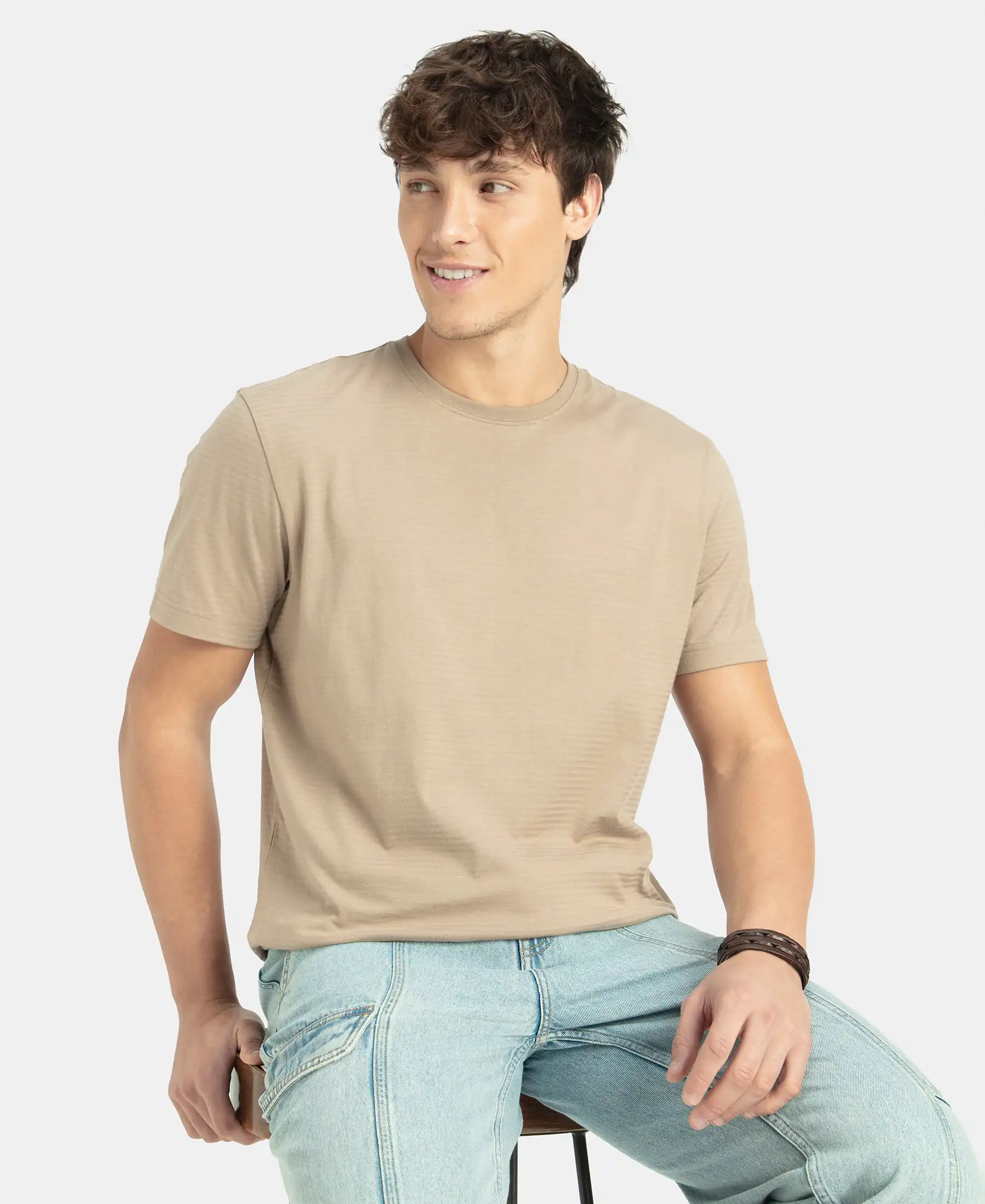 Super Combed Supima Cotton Round Neck Half Sleeve T-Shirt - Desert Taupe - Image 5