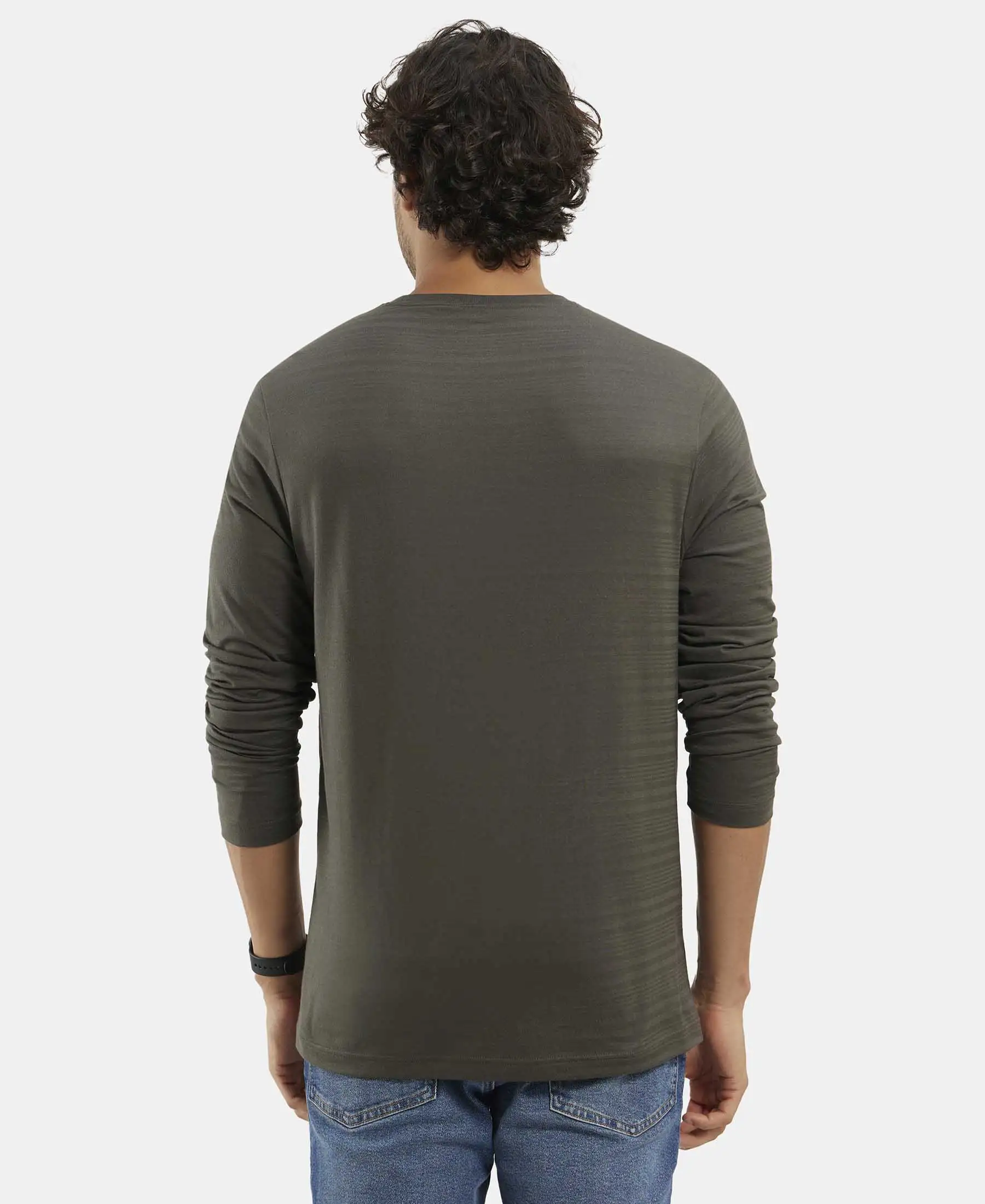 Super Combed Supima Cotton Solid Round Neck Full Sleeve T-Shirt - Deep Olive - Image 3