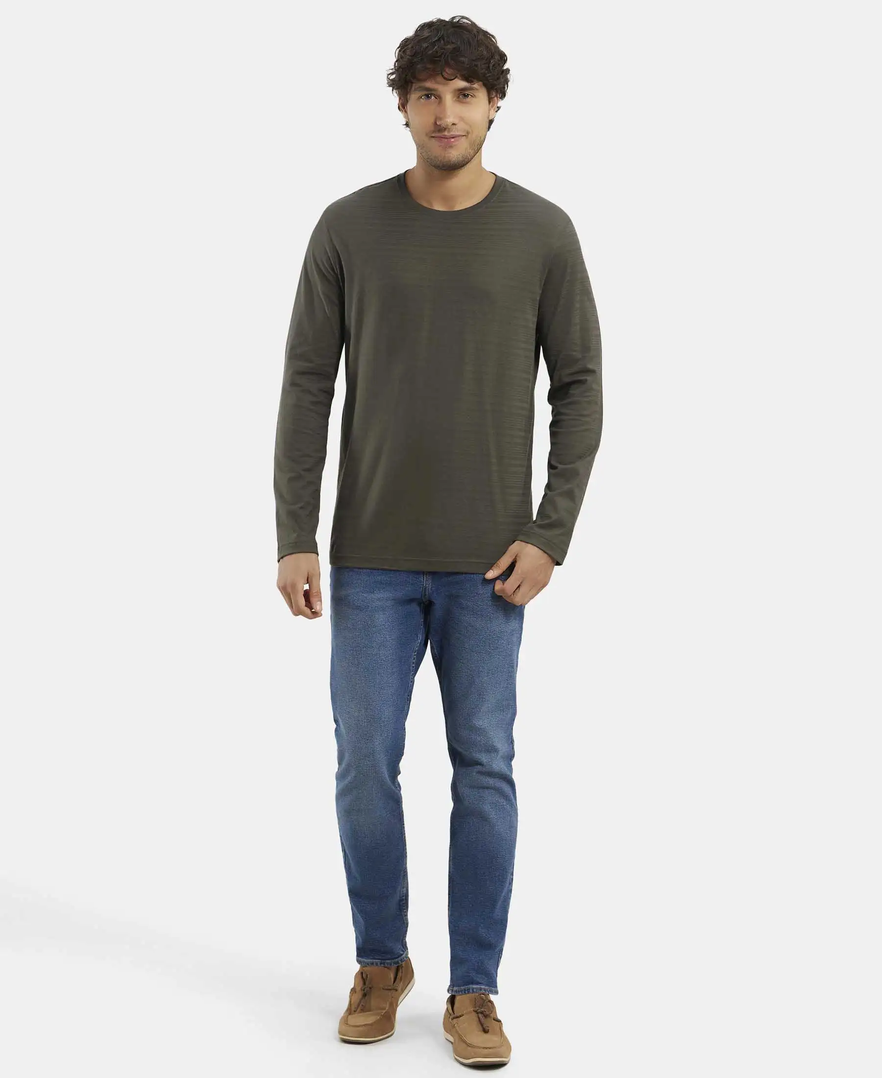Super Combed Supima Cotton Solid Round Neck Full Sleeve T-Shirt - Deep Olive - Image 4