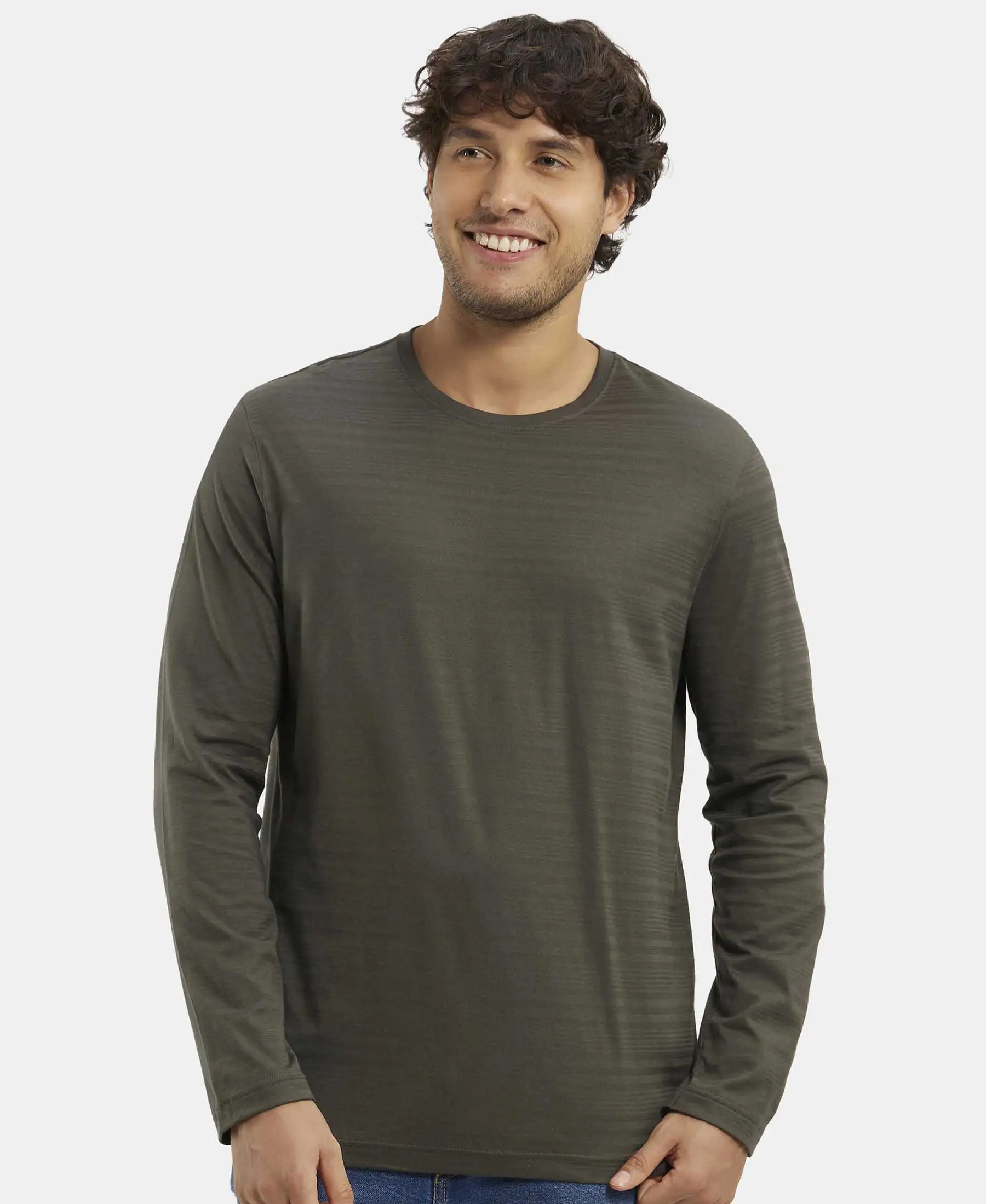 Super Combed Supima Cotton Solid Round Neck Full Sleeve T-Shirt - Deep Olive - Image 5