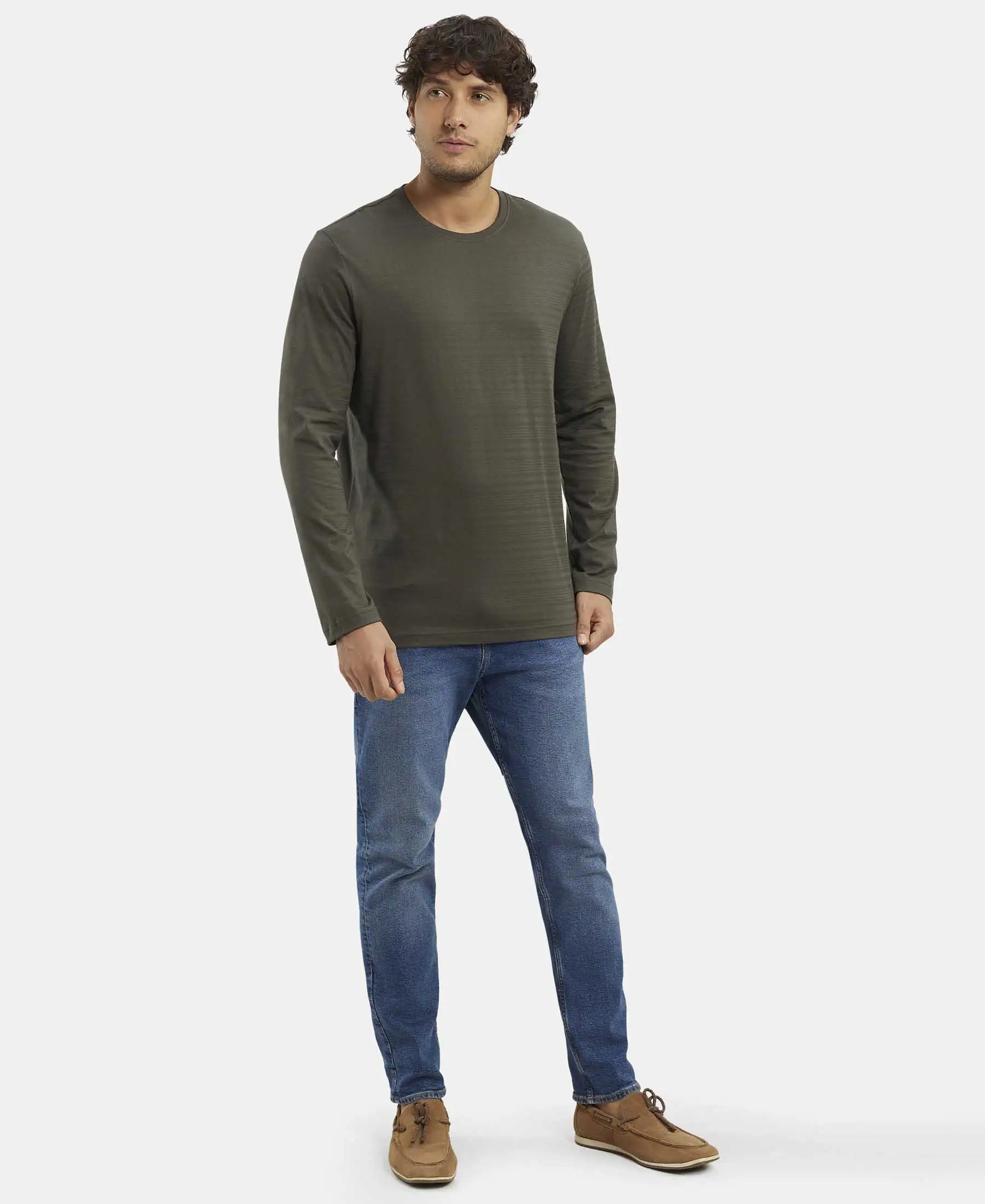 Super Combed Supima Cotton Solid Round Neck Full Sleeve T-Shirt - Deep Olive - Image 6