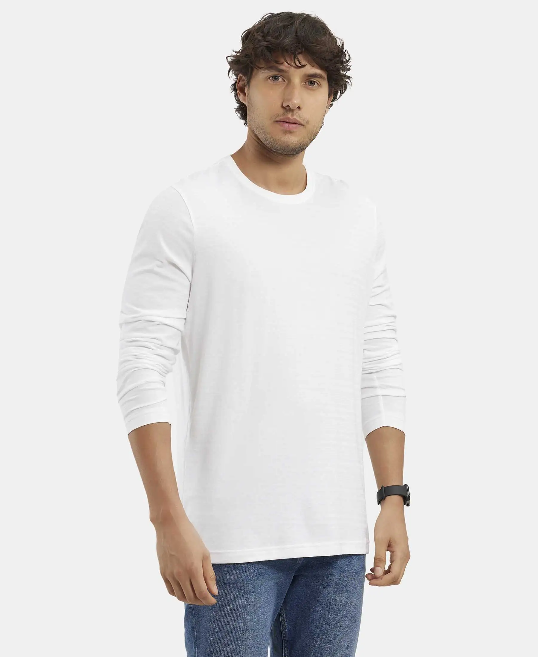 Super Combed Supima Cotton Solid Round Neck Full Sleeve T-Shirt - White - Image 2