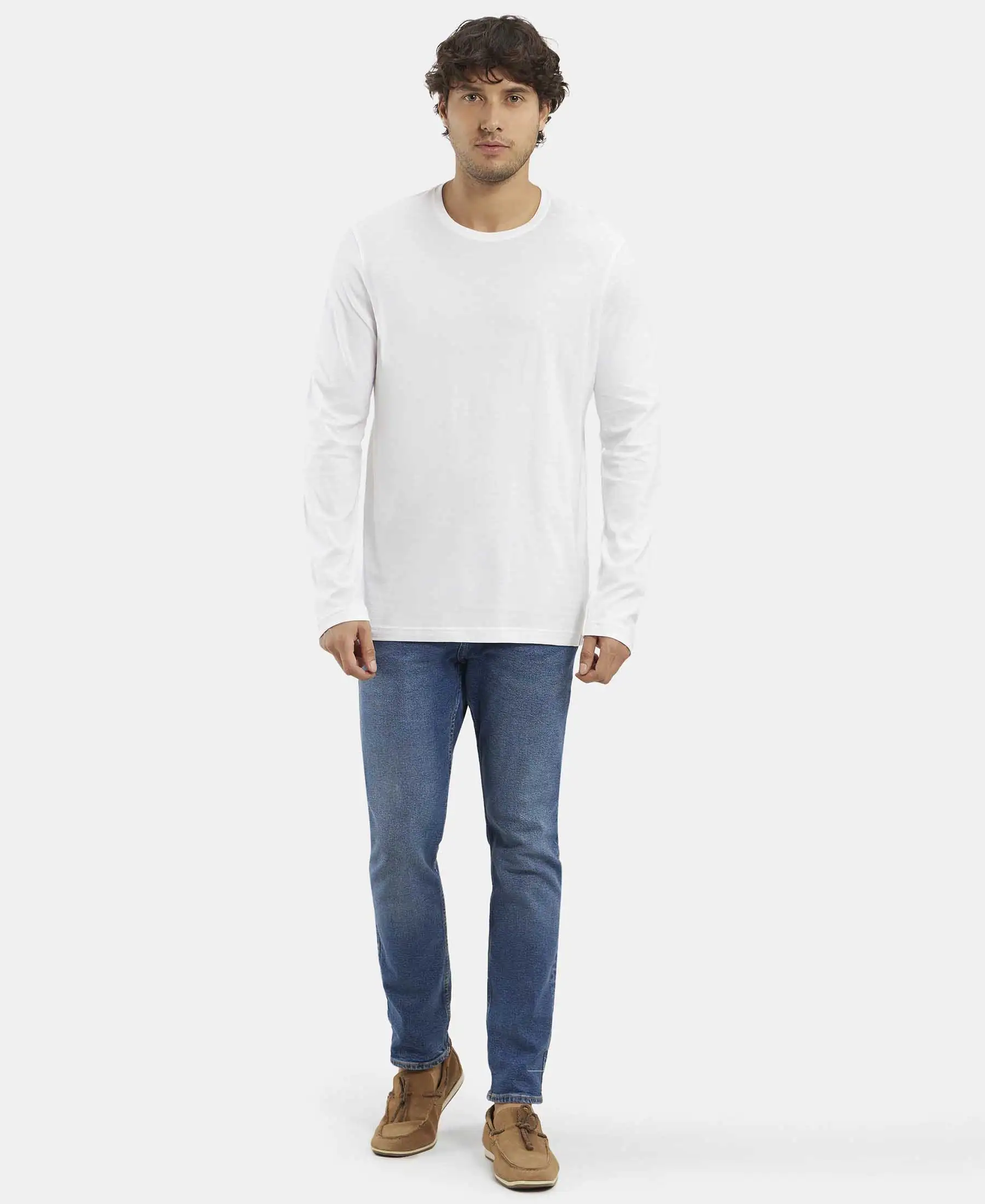 Super Combed Supima Cotton Solid Round Neck Full Sleeve T-Shirt - White - Image 4