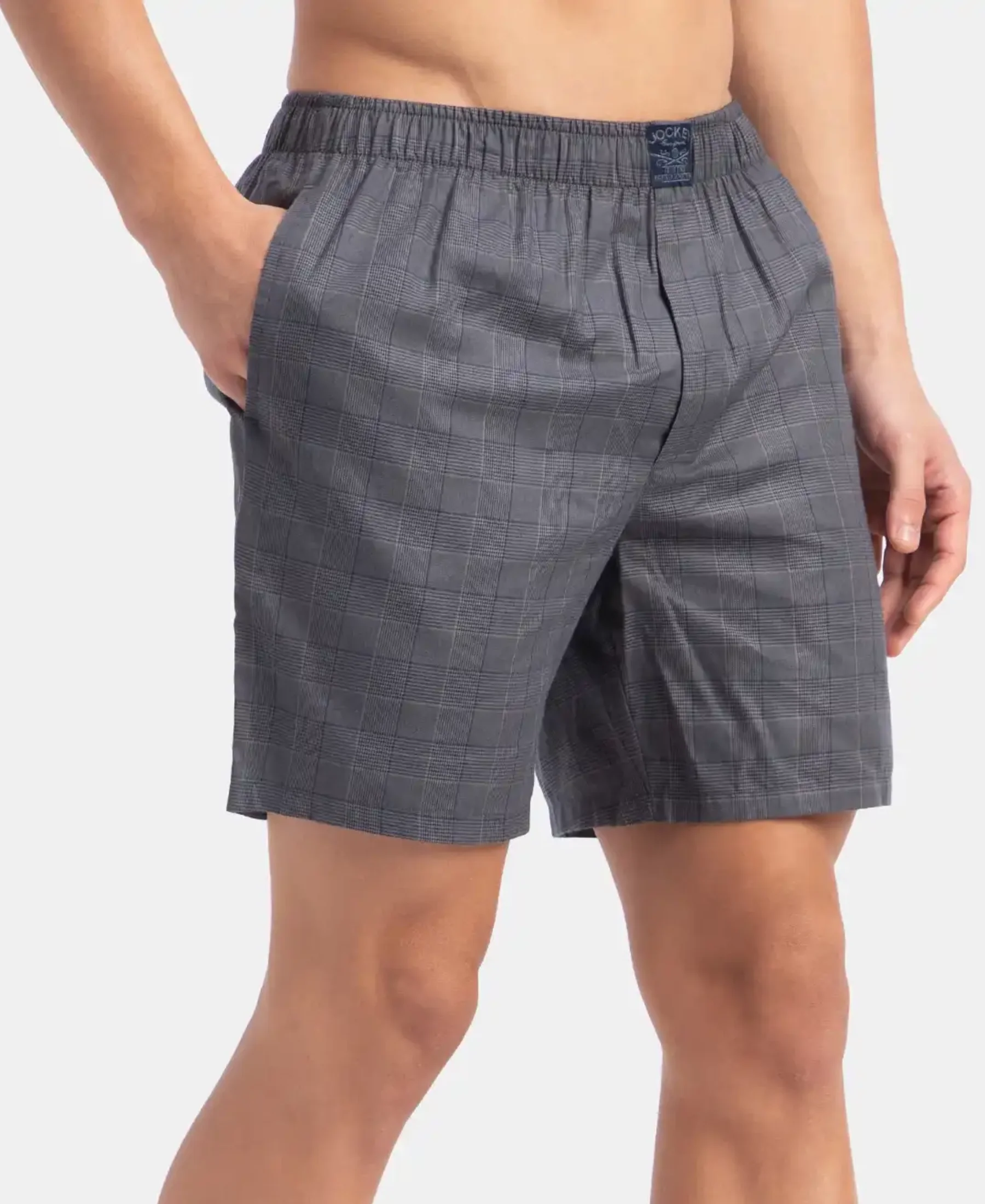 Tencel Lyocell Cotton Checkered Boxer Shorts with Side Pockets - Navy - Image 2