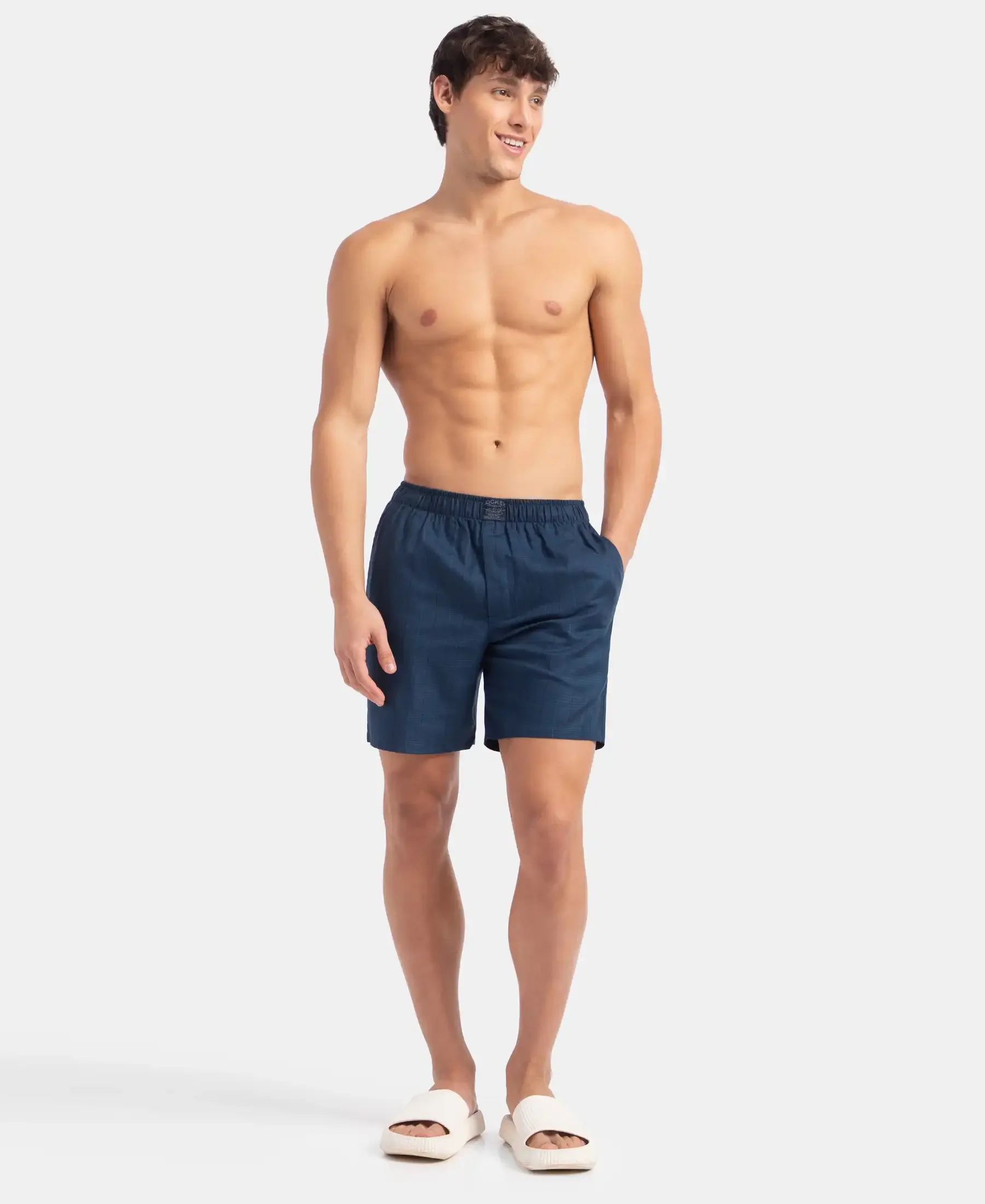 Tencel Lyocell Cotton Checkered Boxer Shorts with Side Pockets - Poseidon - Image 4