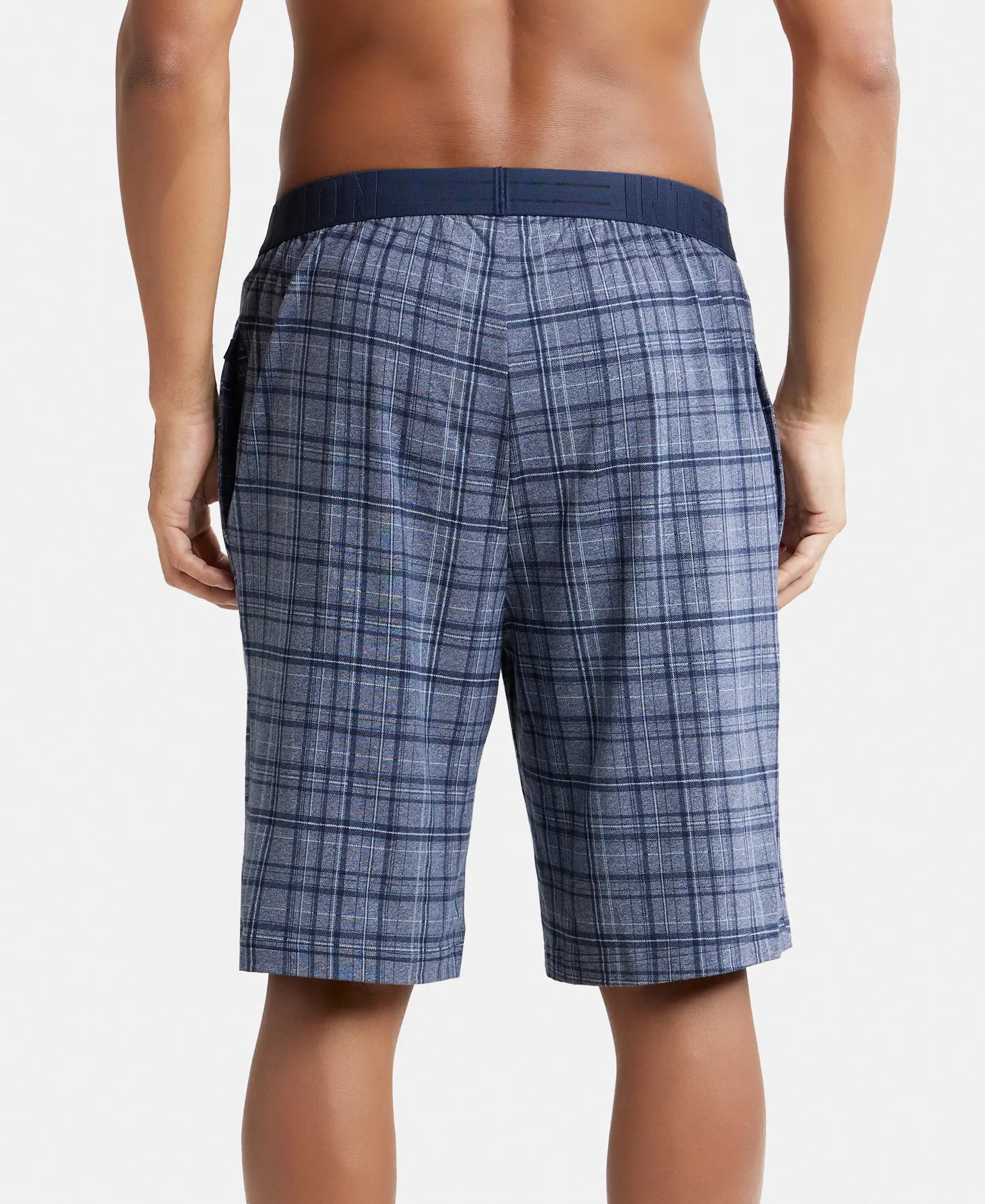 Tencel Micro Modal Cotton Elastane Stretch Regular Fit Checkered Sleep Shorts with Side Pockets - Mid Blue Print1 - Image 3
