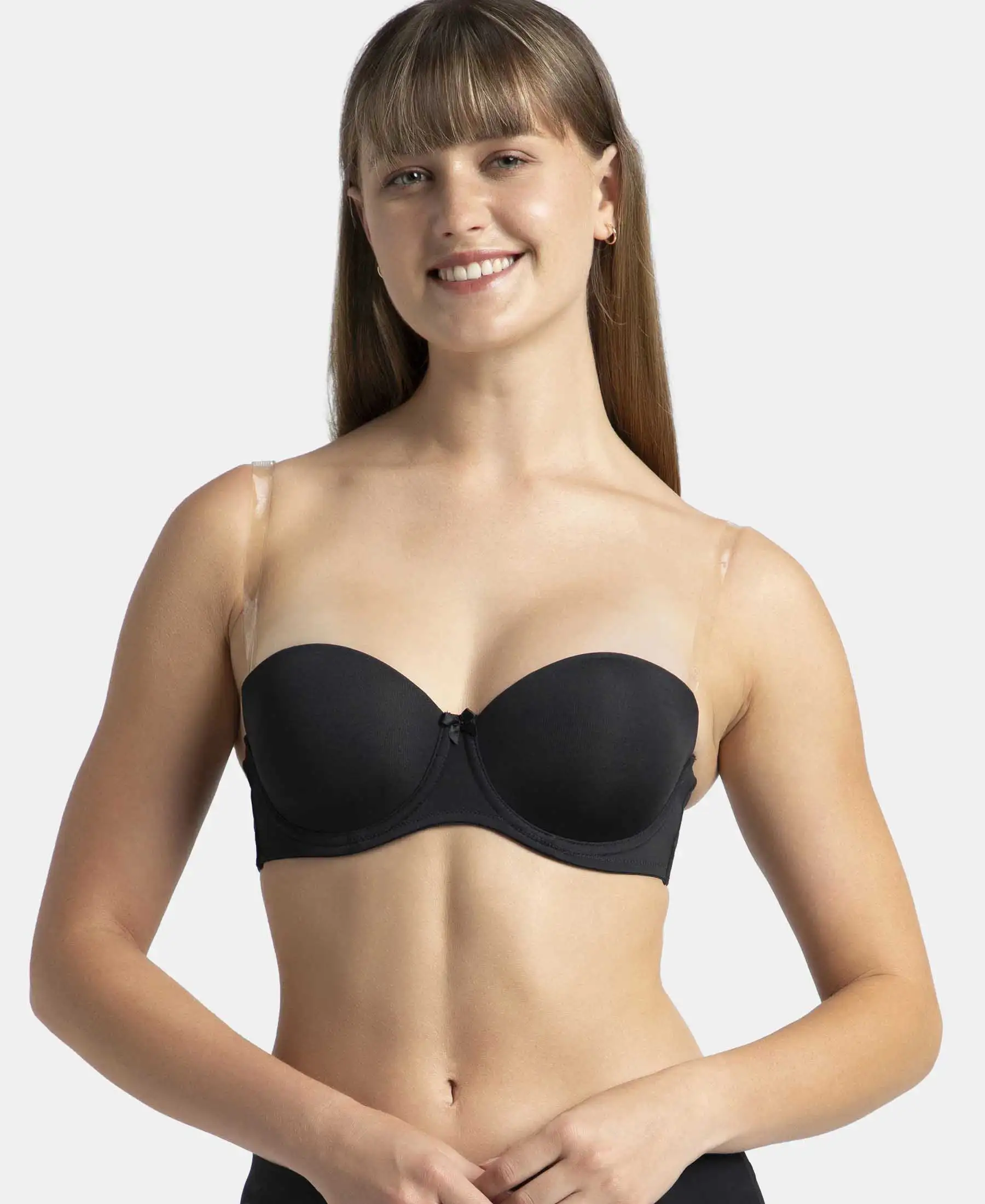 Under-Wired Padded Soft Touch Microfiber Elastane Stretch Full Coverage Strapless Bra with Ultra-Grip Support Band - Black - Image 10