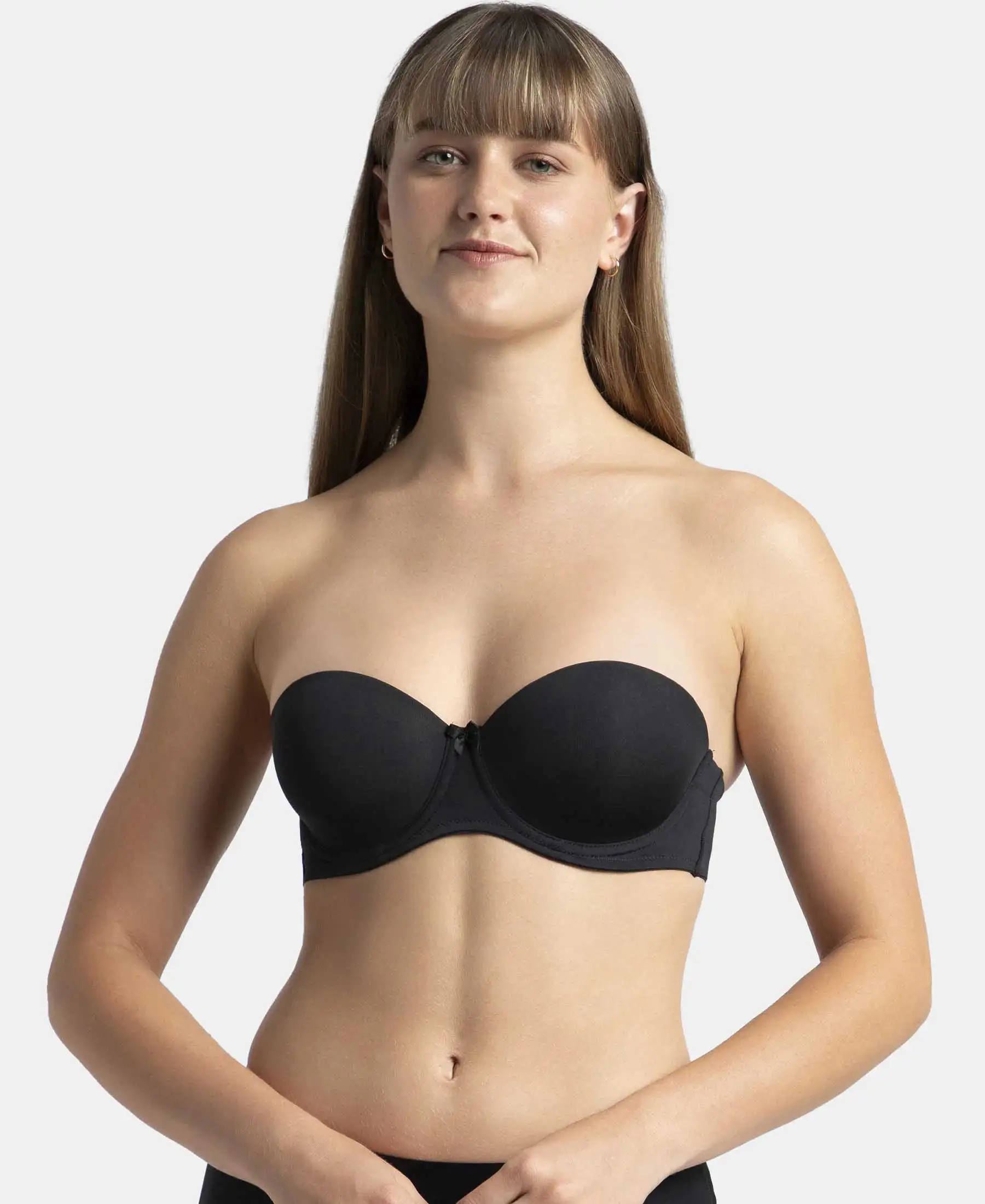 Under-Wired Padded Soft Touch Microfiber Elastane Stretch Full Coverage Strapless Bra with Ultra-Grip Support Band - Black - Image 11