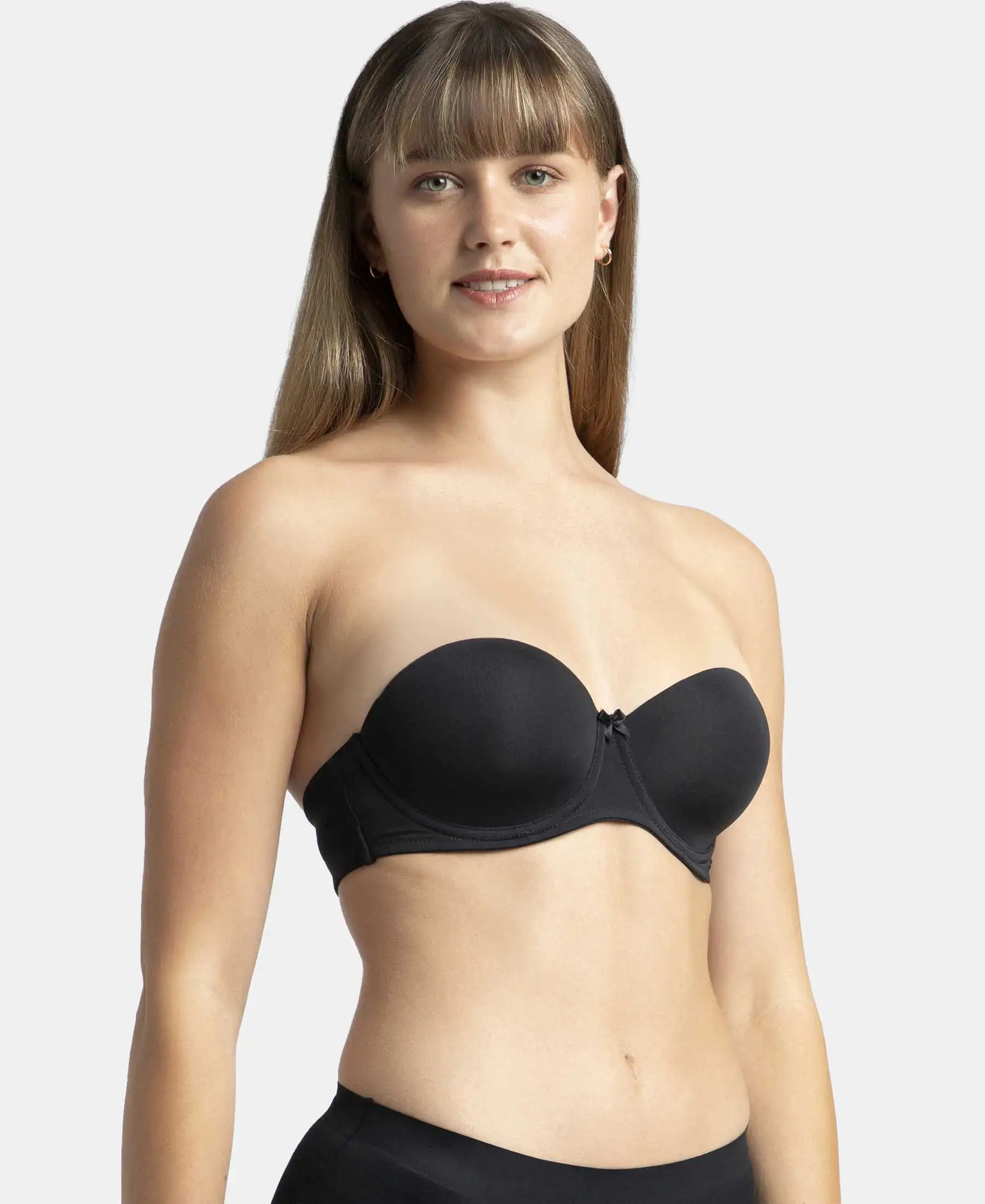 Under-Wired Padded Soft Touch Microfiber Elastane Stretch Full Coverage Strapless Bra with Ultra-Grip Support Band - Black - Image 3