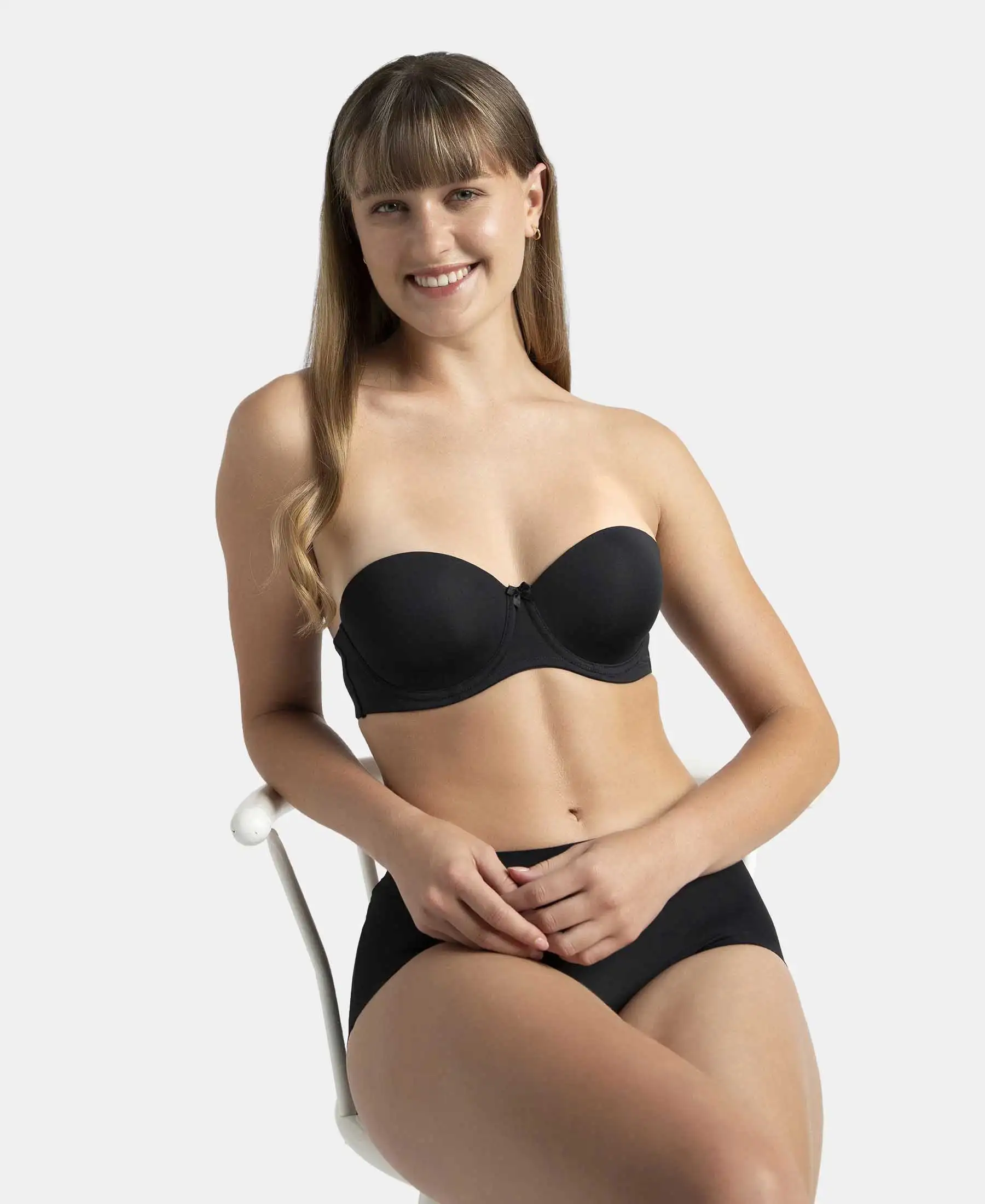 Under-Wired Padded Soft Touch Microfiber Elastane Stretch Full Coverage Strapless Bra with Ultra-Grip Support Band - Black - Image 5