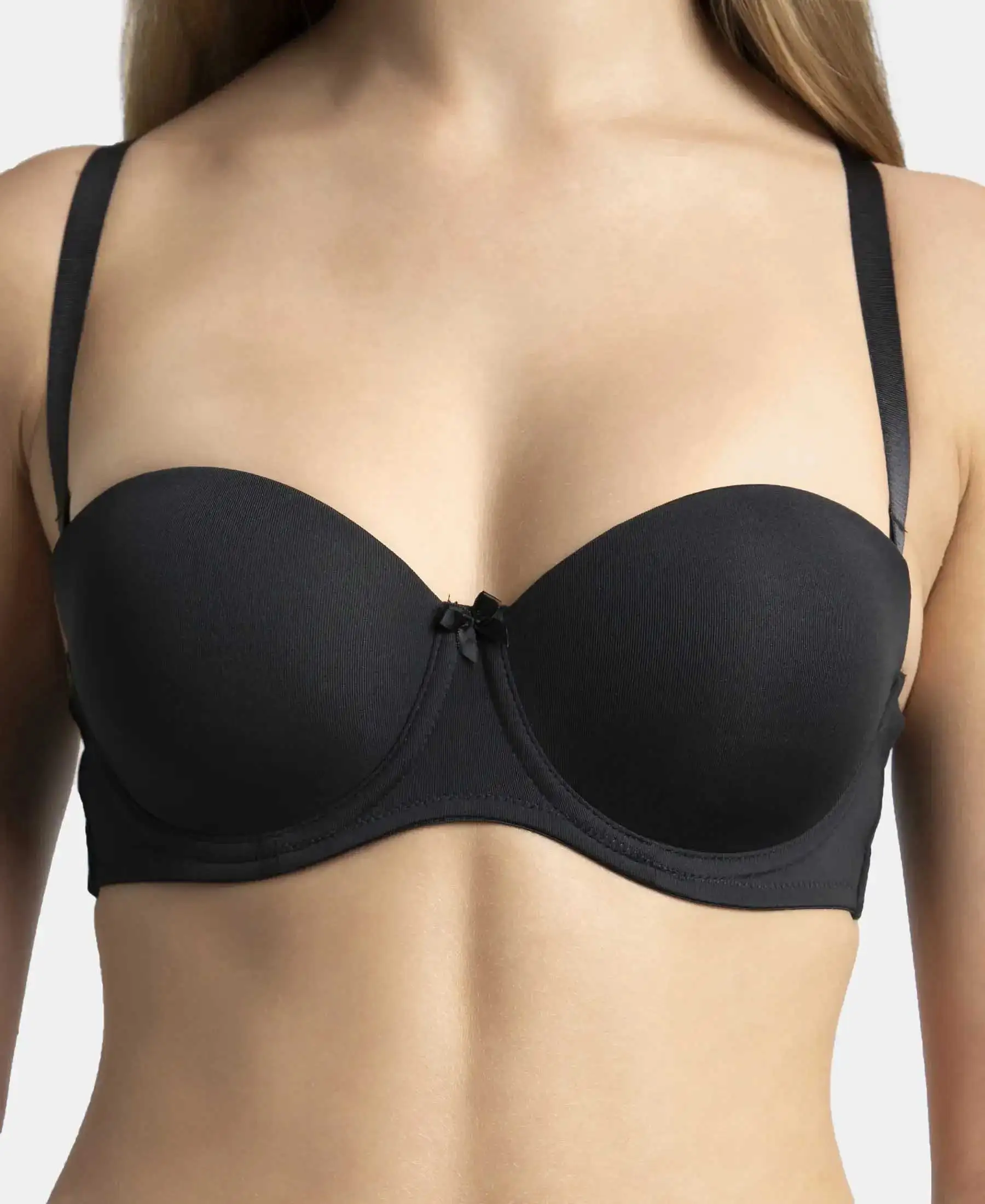 Under-Wired Padded Soft Touch Microfiber Elastane Stretch Full Coverage Strapless Bra with Ultra-Grip Support Band - Black - Image 9