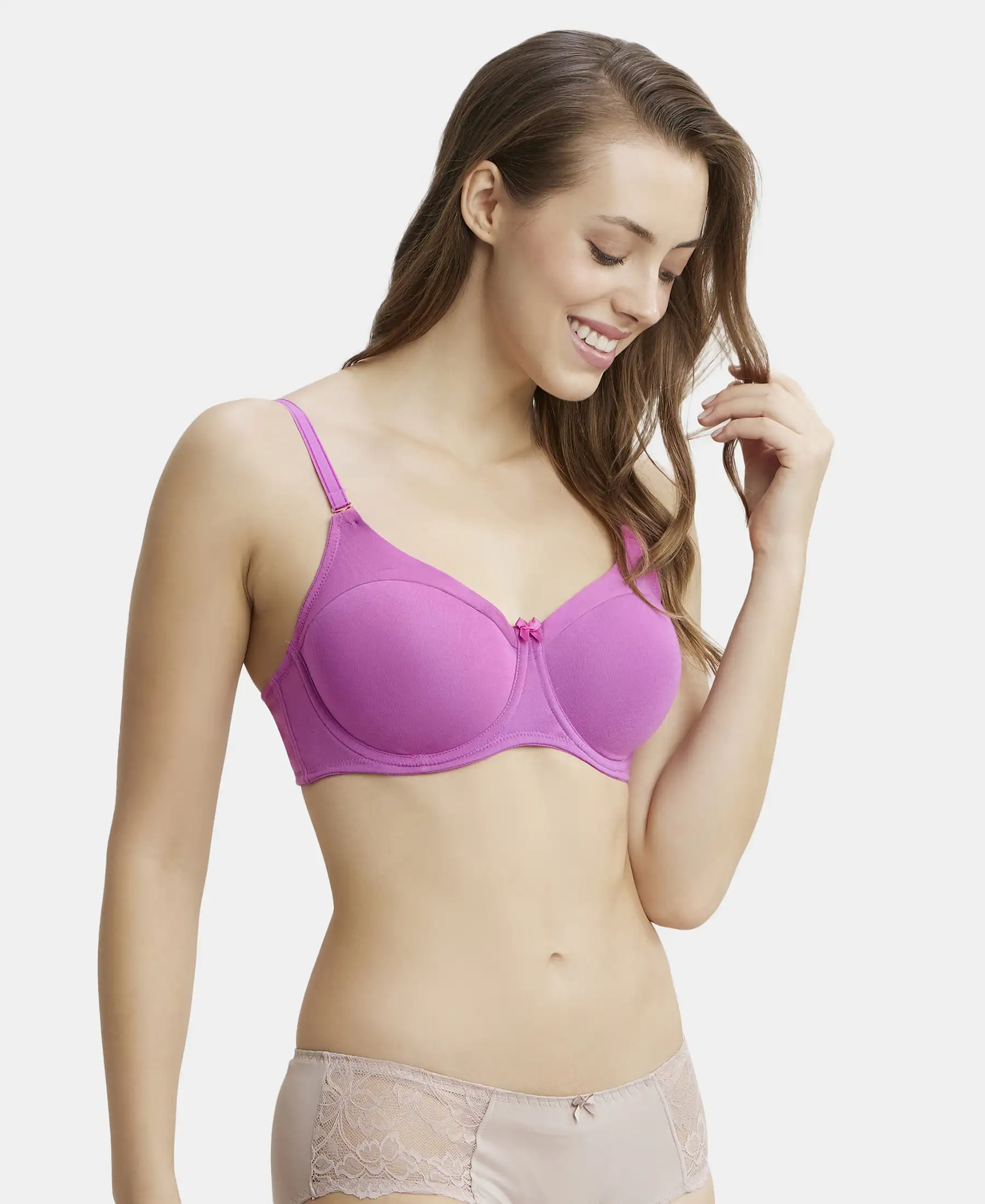 Under-Wired Padded Super Combed Cotton Elastane Stretch Full Coverage T-Shirt Bra with Stylised Mesh Panel - Lavender Scent - Image 2