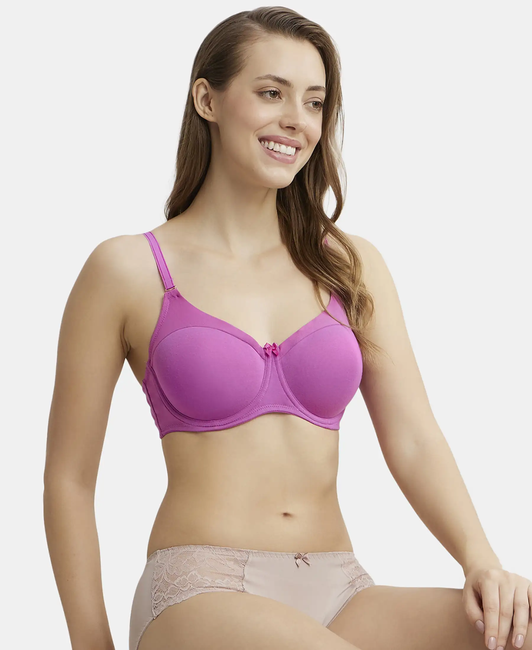 Under-Wired Padded Super Combed Cotton Elastane Stretch Full Coverage T-Shirt Bra with Stylised Mesh Panel - Lavender Scent - Image 5