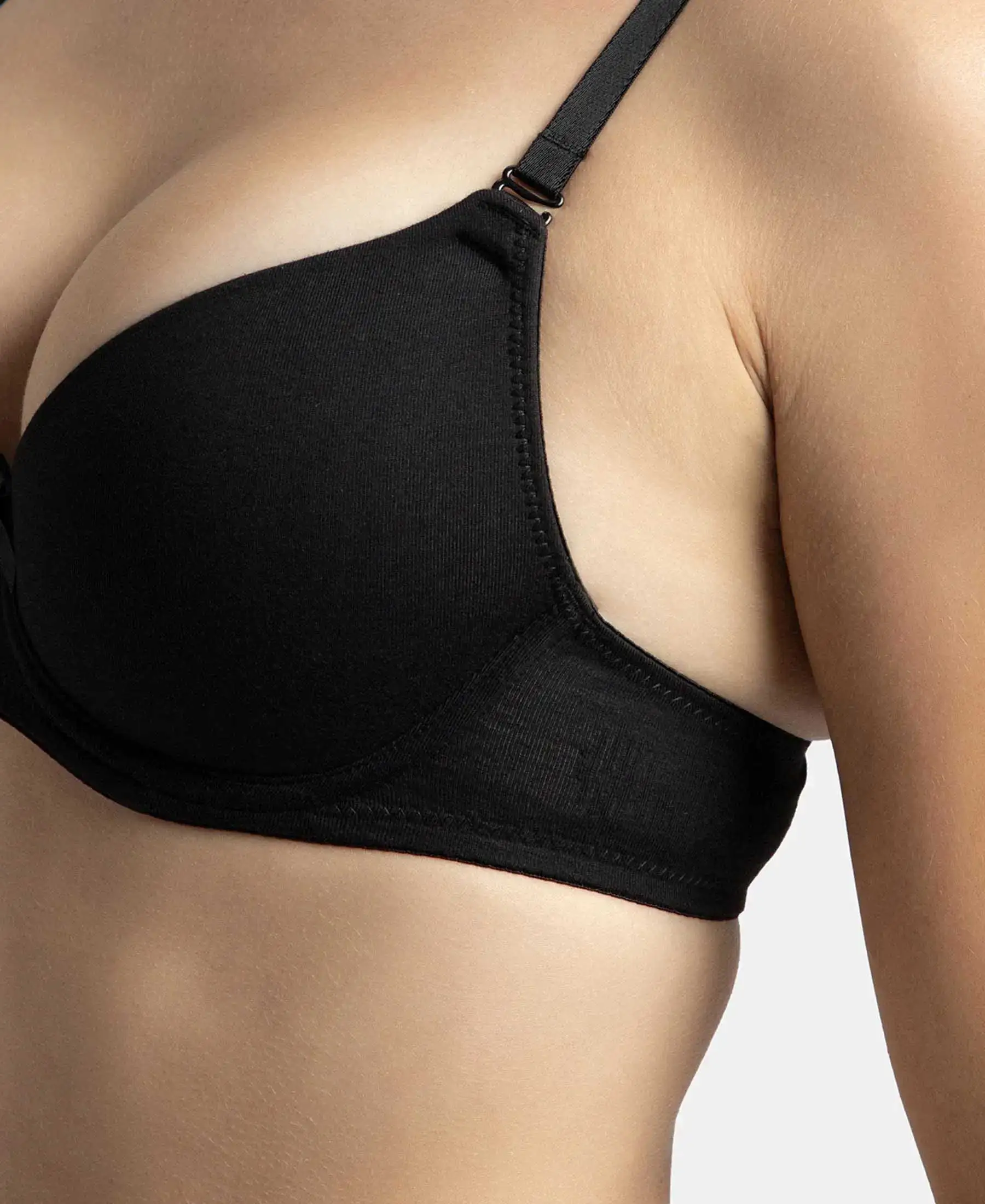 Under-Wired Padded Super Combed Cotton Elastane Stretch Medium Coverage T-Shirt Bra with Detachable Straps - Black - Image 10