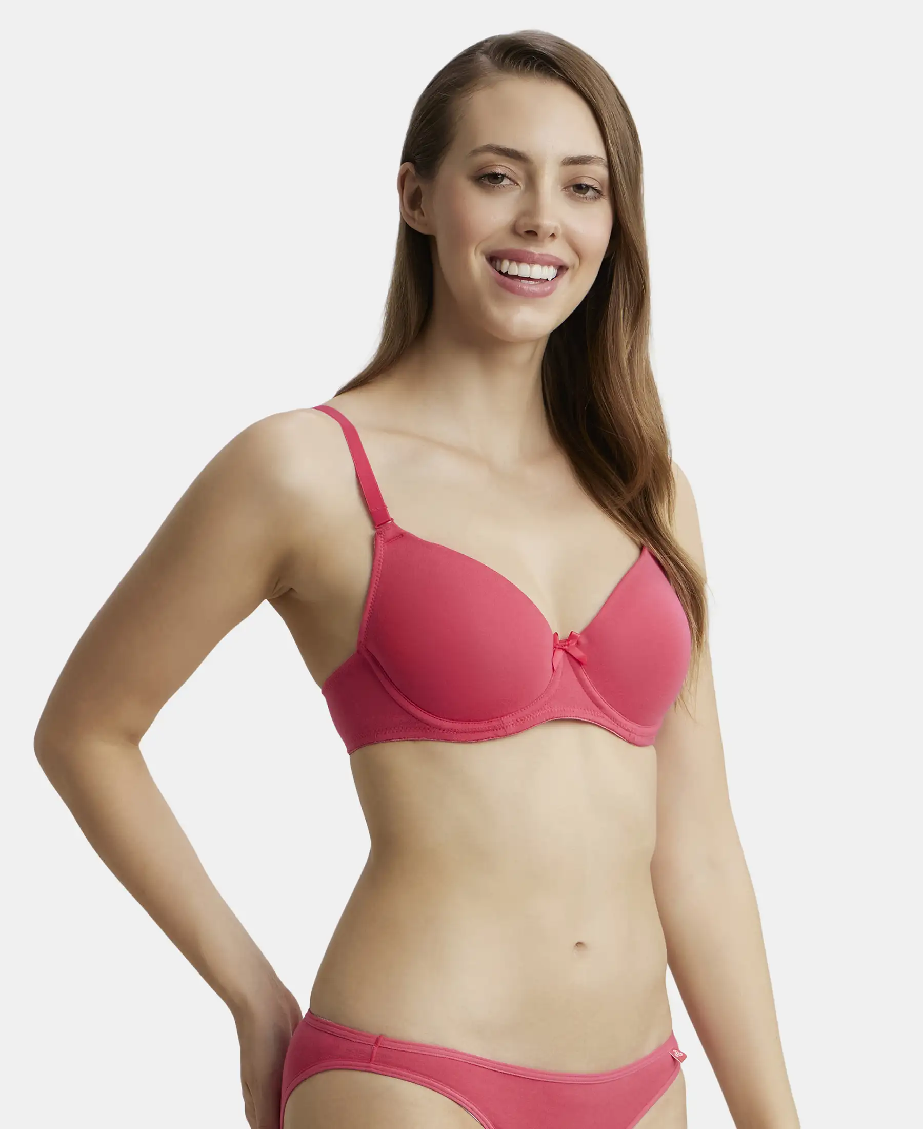 Under-Wired Padded Super Combed Cotton Elastane Stretch Medium Coverage T-Shirt Bra with Detachable Straps - Ruby - Image 2