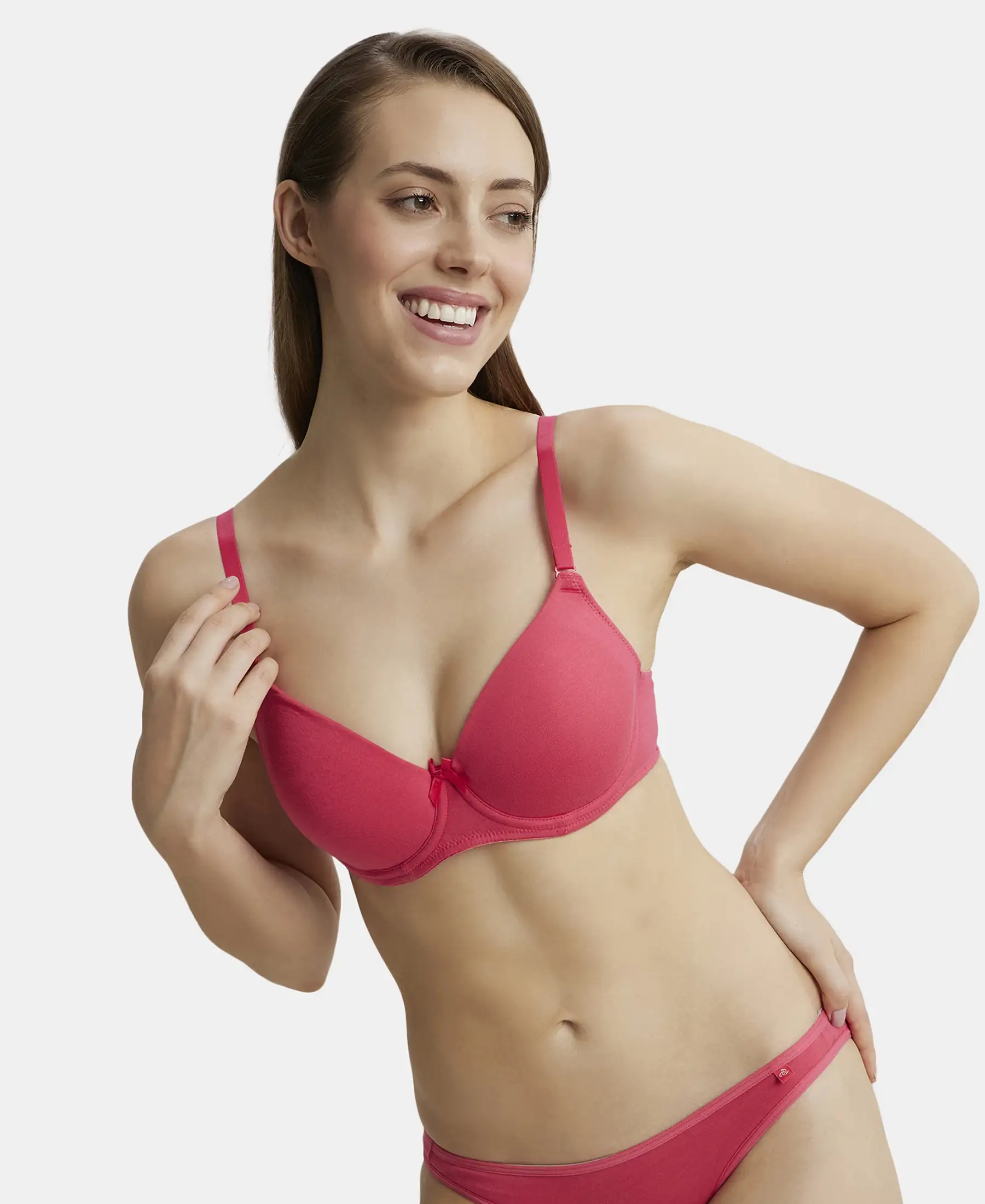 Under-Wired Padded Super Combed Cotton Elastane Stretch Medium Coverage T-Shirt Bra with Detachable Straps - Ruby - Image 5