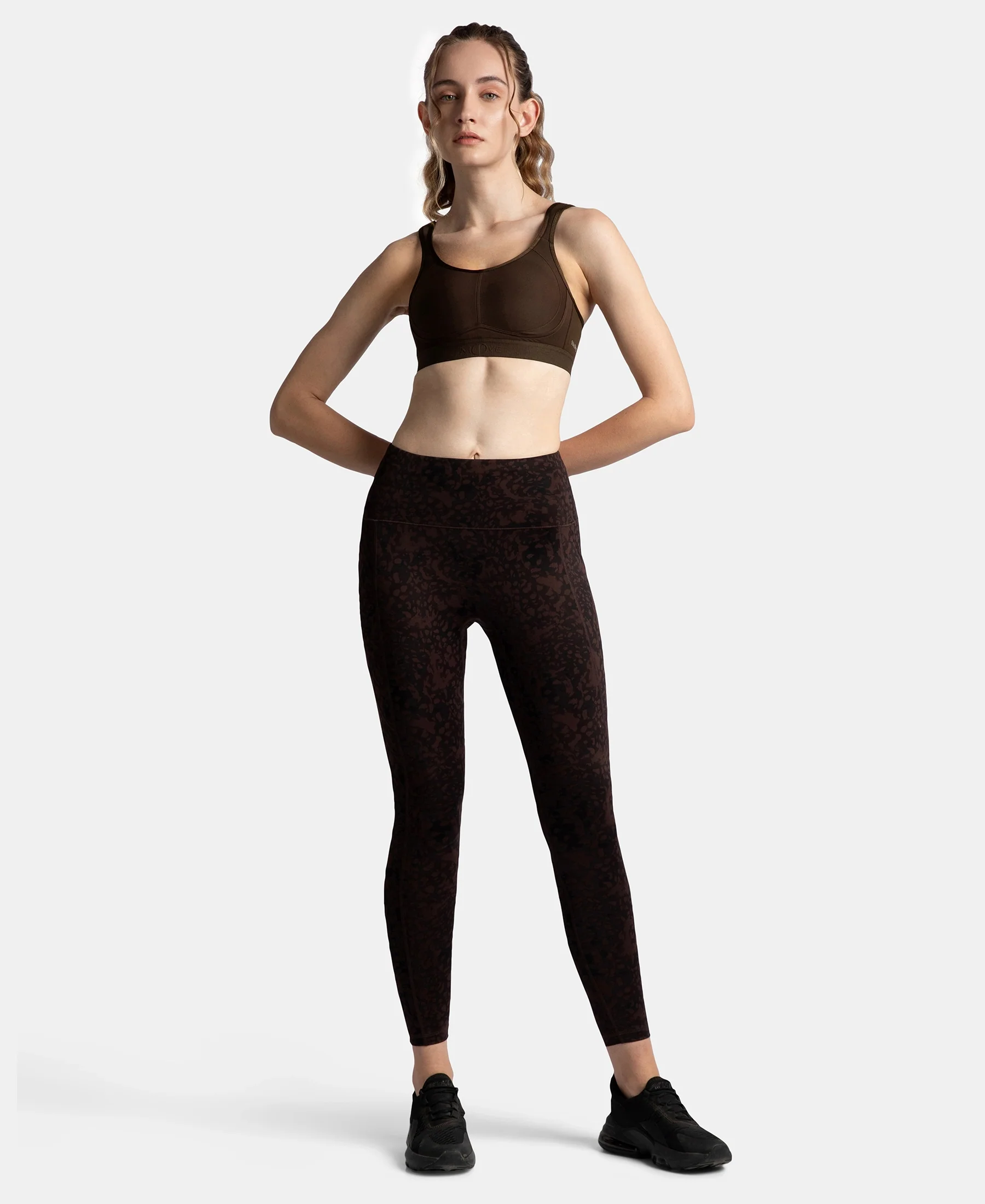 Wirefree Non Padded Microfiber Elastane Stretch Full Coverage Sports Bra with StayDry Treatment - Coffee - Image 4
