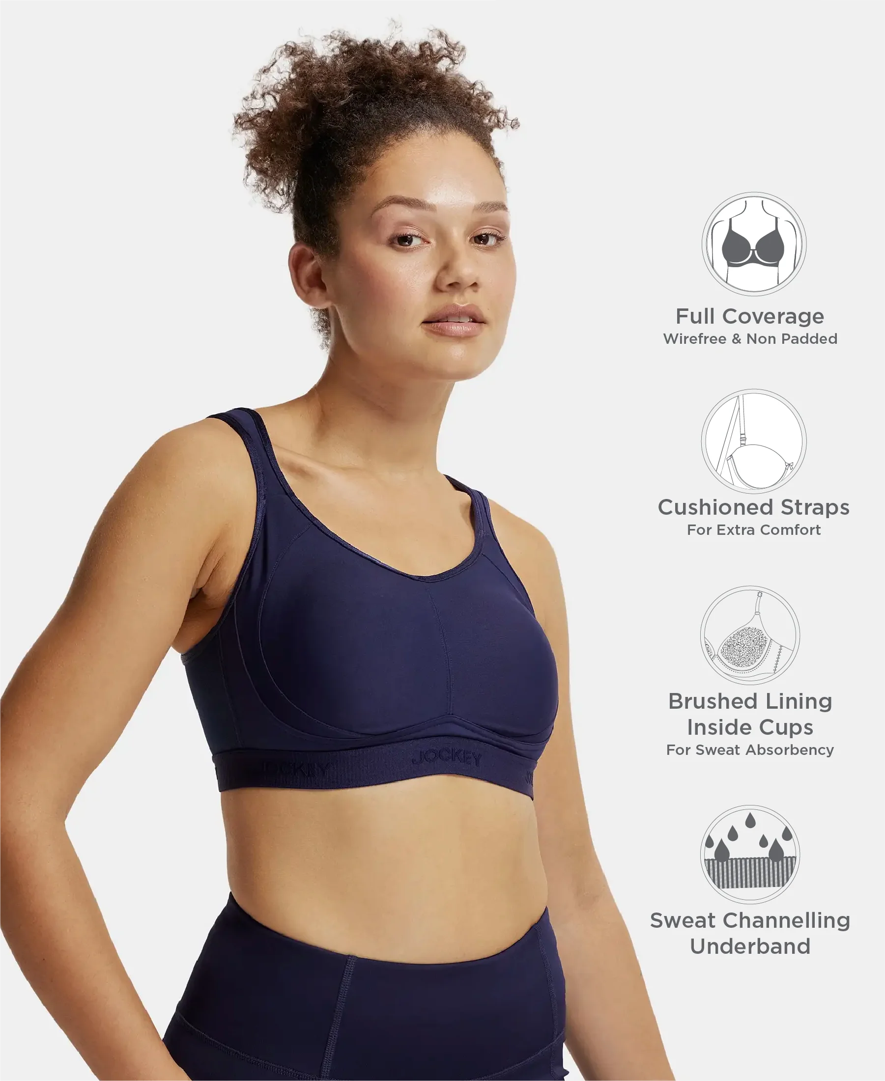 Wirefree Non Padded Plus Size Microfiber Elastane Stretch Full Coverage Sports Bra with StayDry Treatment - Peacoat - Image 2