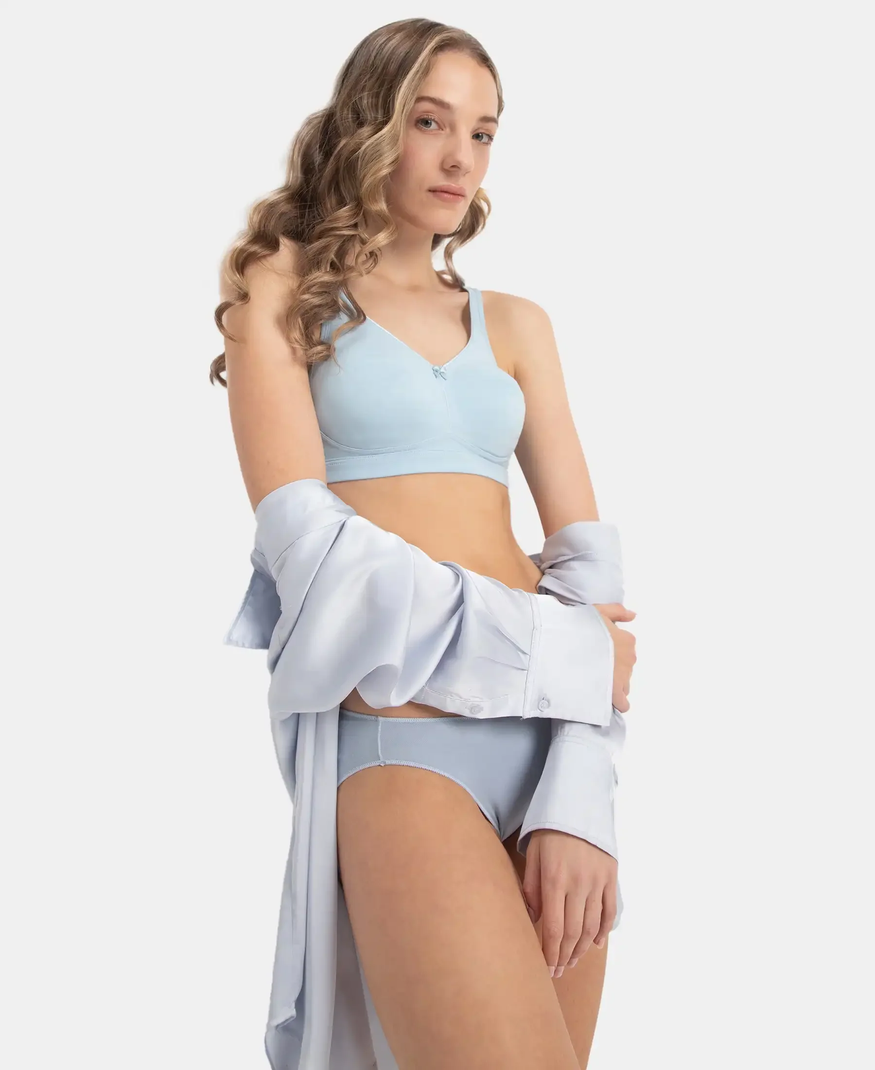 Wirefree Non Padded Plus Size Super Combed Cotton Elastane Stretch Full Coverage Everyday Bra with Concealed Shaper Panel - Angel Falls - Image 5