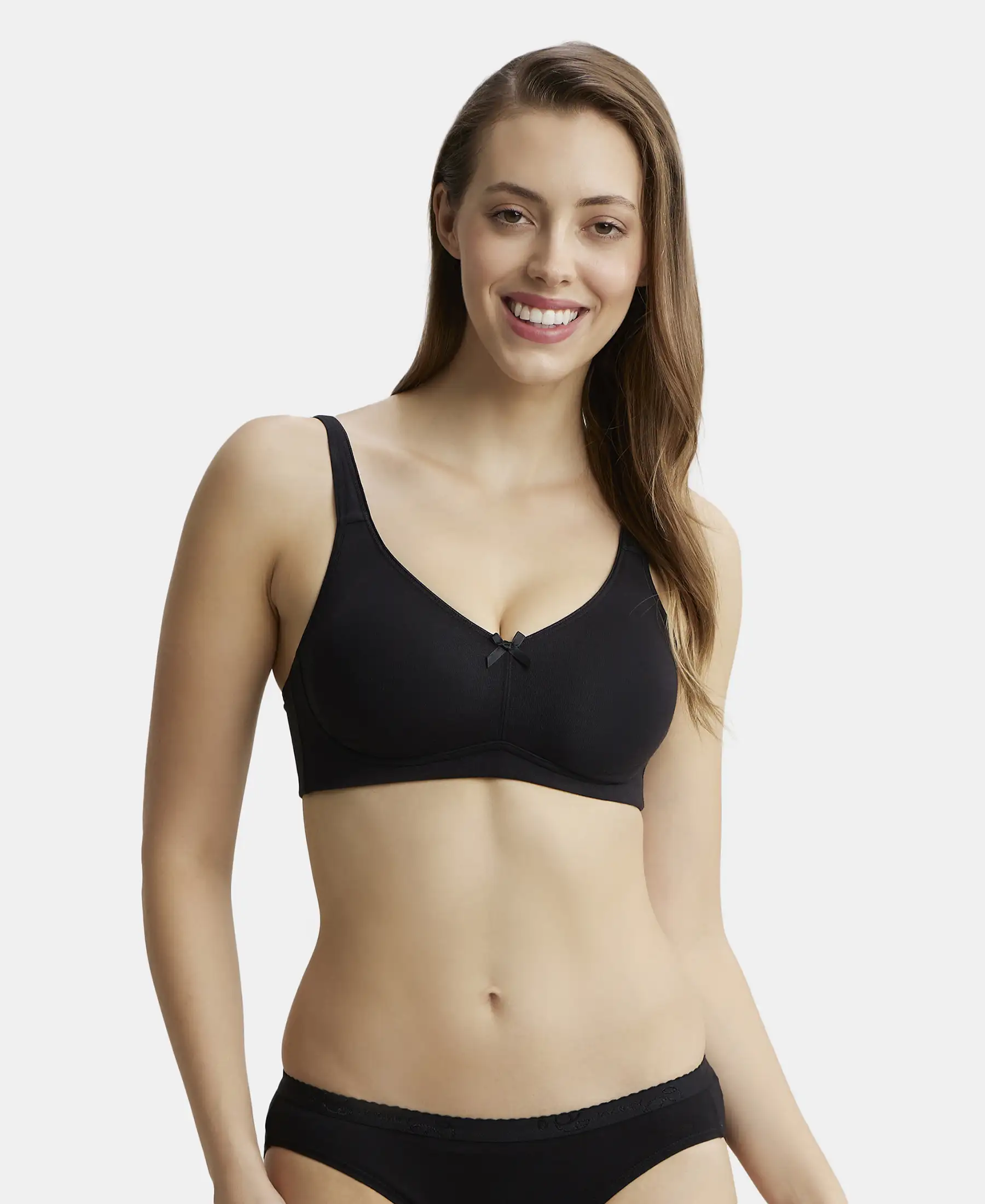 Wirefree Non Padded Plus Size Super Combed Cotton Elastane Stretch Full Coverage Everyday Bra with Concealed Shaper Panel - Black