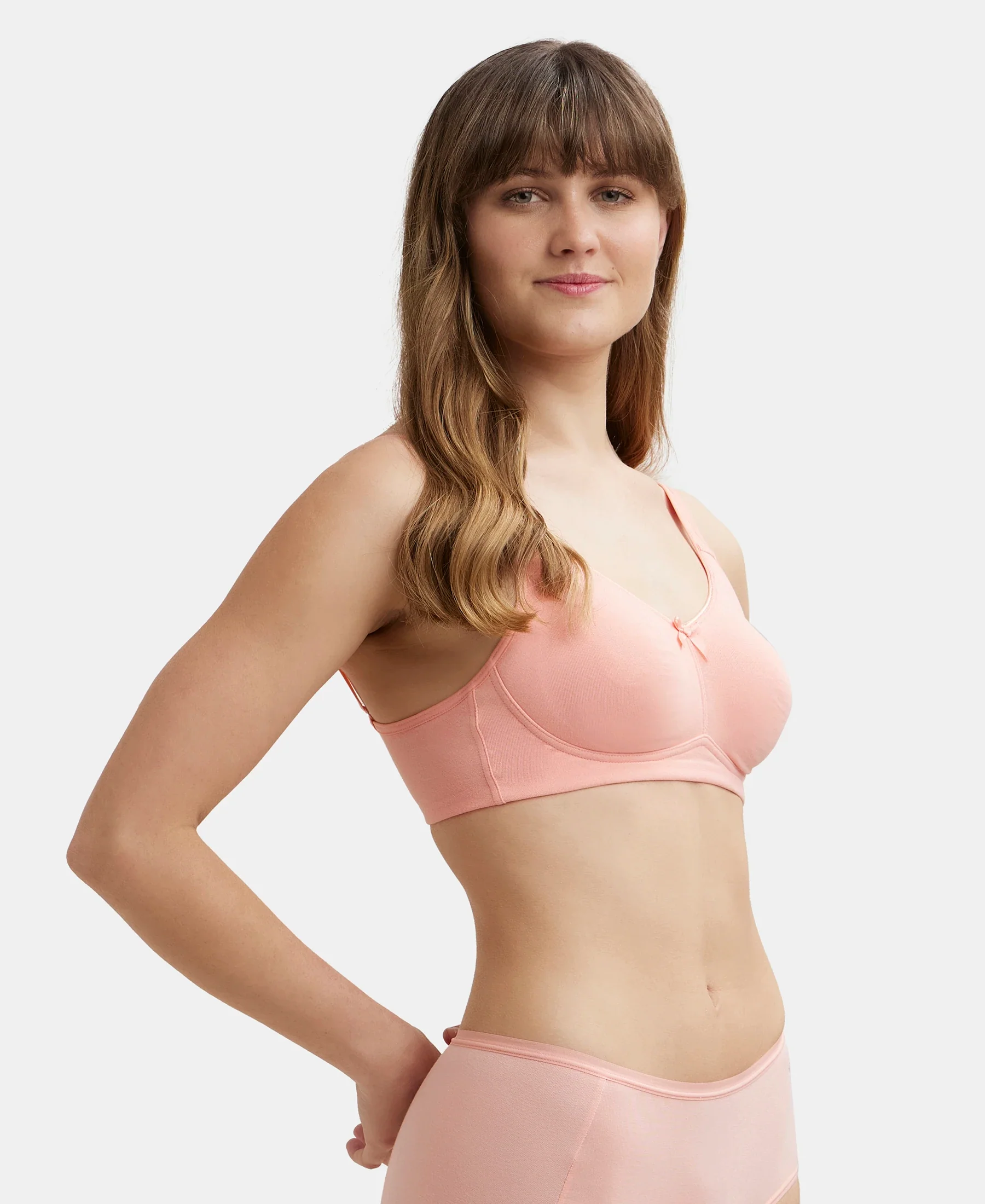 Wirefree Non Padded Plus Size Super Combed Cotton Elastane Stretch Full Coverage Everyday Bra with Concealed Shaper Panel - Candlelight Peach - Image 2