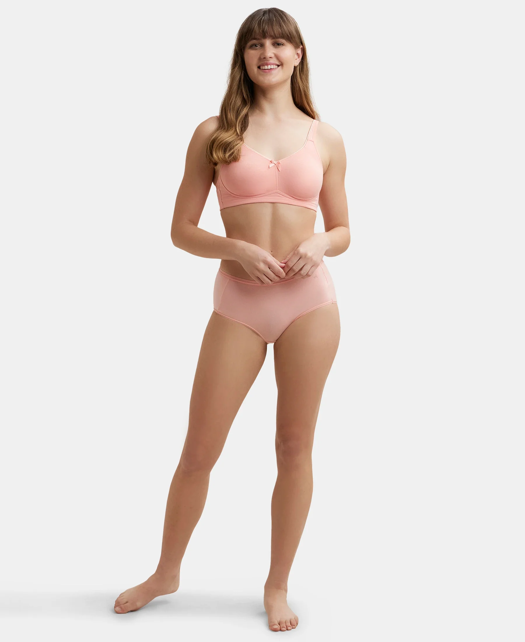Wirefree Non Padded Plus Size Super Combed Cotton Elastane Stretch Full Coverage Everyday Bra with Concealed Shaper Panel - Candlelight Peach - Image 4