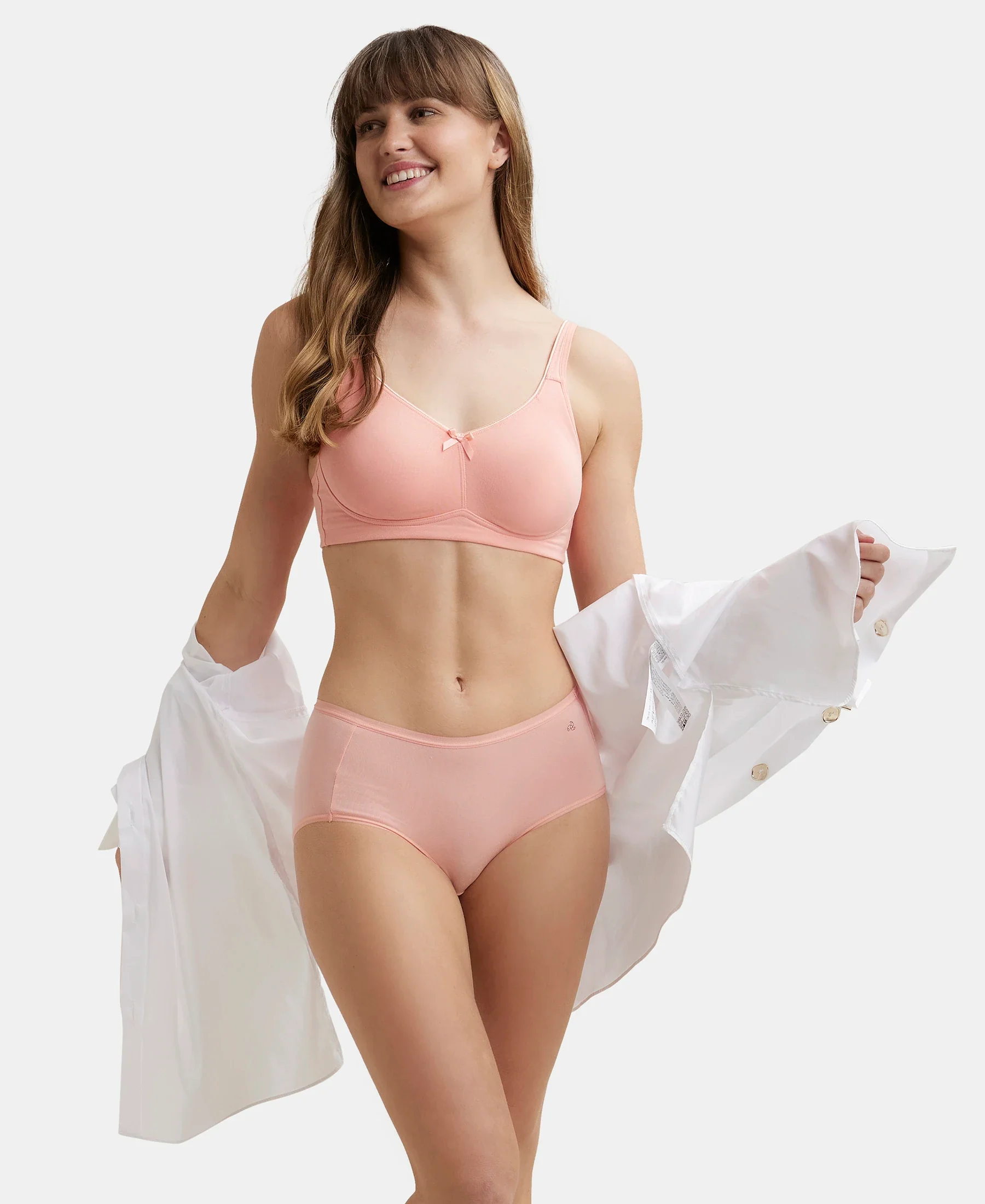 Wirefree Non Padded Plus Size Super Combed Cotton Elastane Stretch Full Coverage Everyday Bra with Concealed Shaper Panel - Candlelight Peach - Image 6