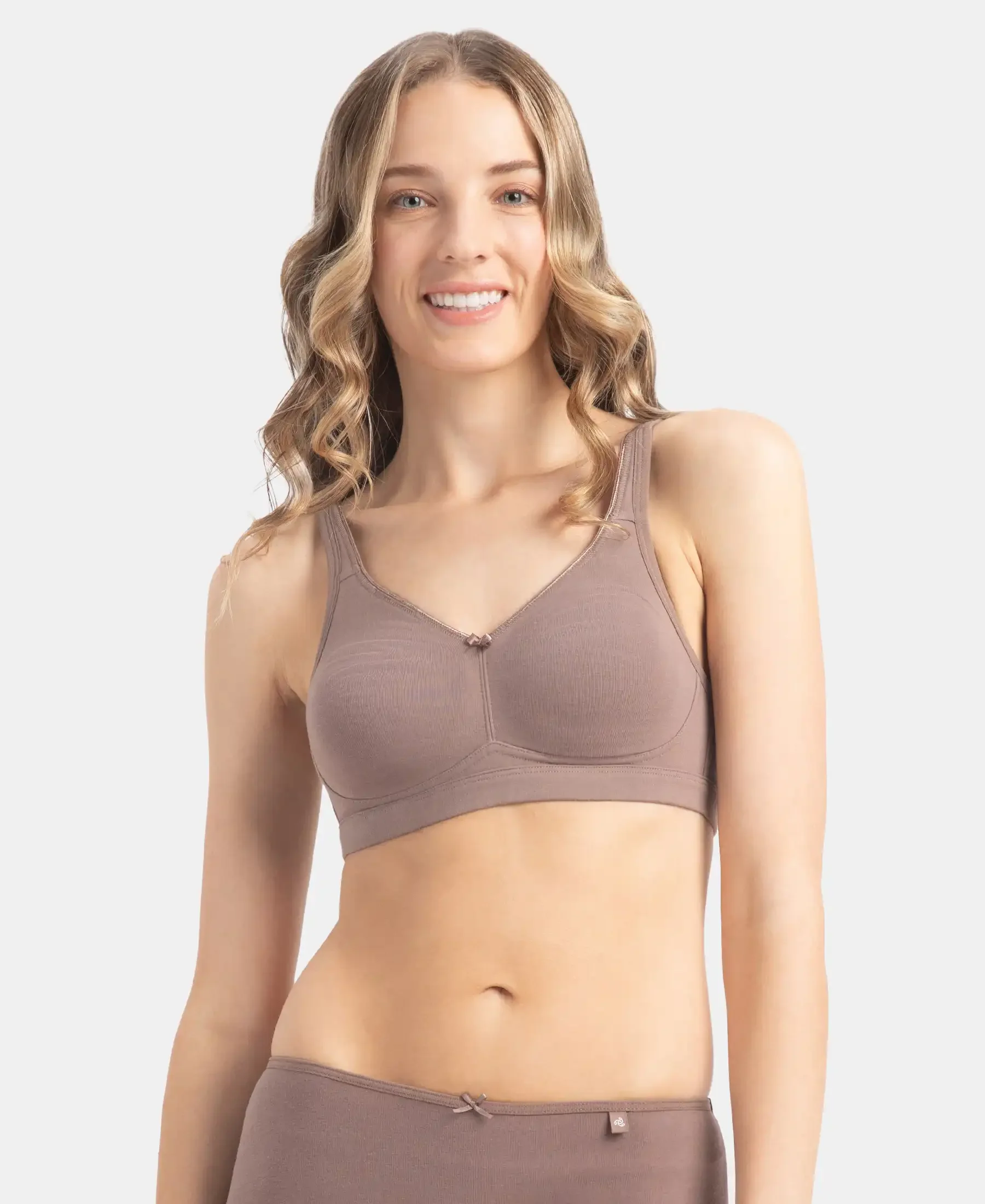 Wirefree Non Padded Plus Size Super Combed Cotton Elastane Stretch Full Coverage Everyday Bra with Concealed Shaper Panel - Deep Taupe