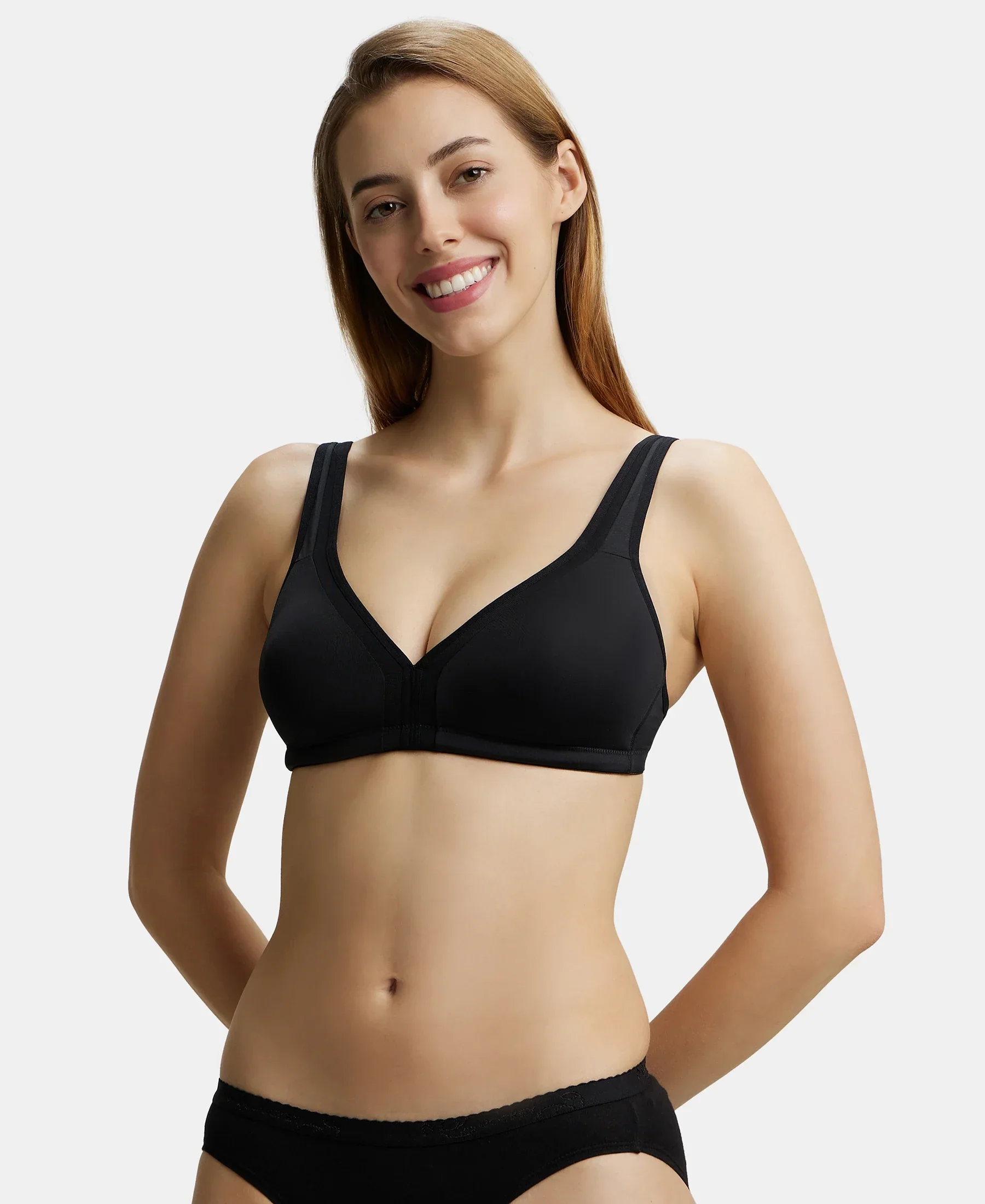 Wirefree Non Padded Soft Touch Microfiber Elastane Stretch Full Coverage Everyday Bra with Stylised Mesh Panel - Black - Image 5