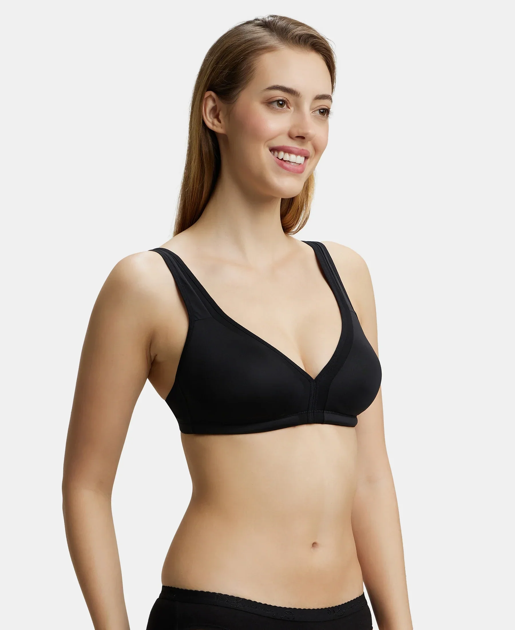 Wirefree Non Padded Soft Touch Microfiber Elastane Stretch Full Coverage Everyday Bra with Stylised Mesh Panel - Black - Image 6