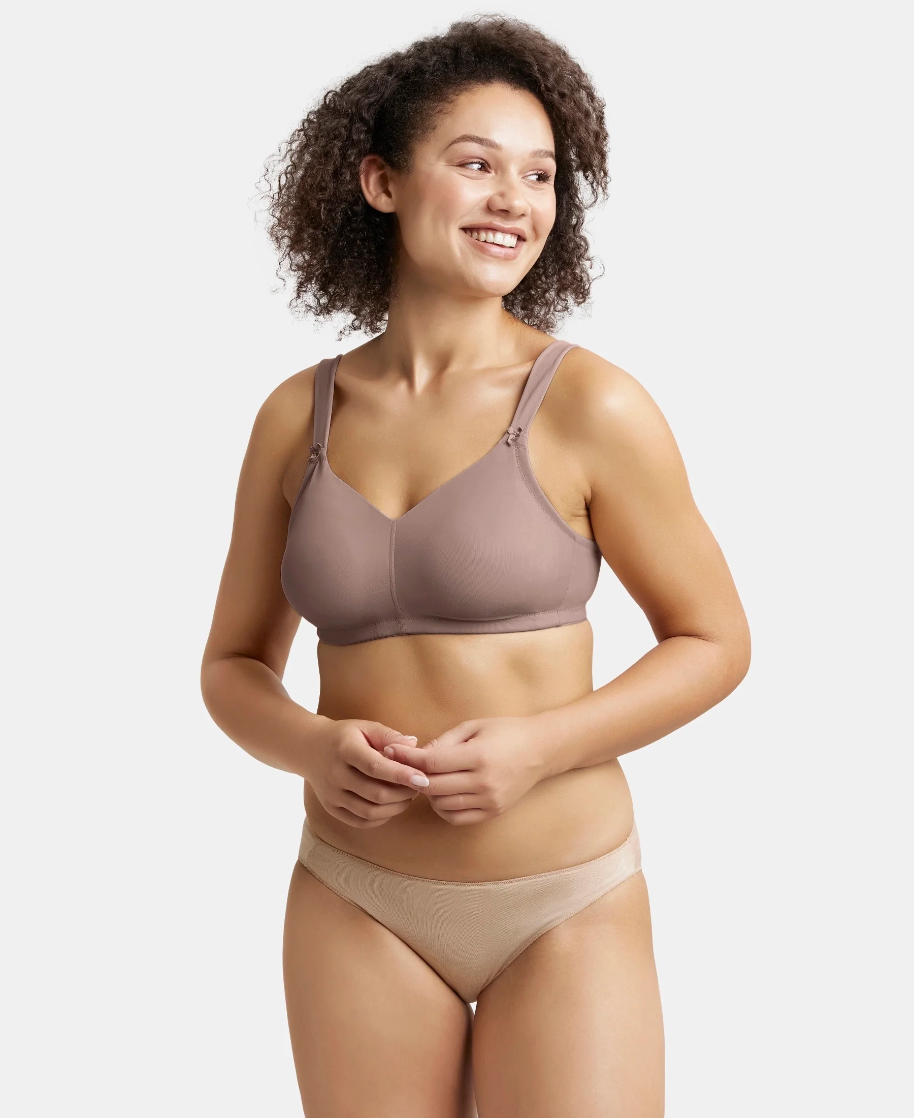 Wirefree Non Padded Soft Touch Microfiber Elastane Stretch Full Coverage Minimizer Bra with Broad Cushioned Fabric Strap - Deep Taupe - Image 6