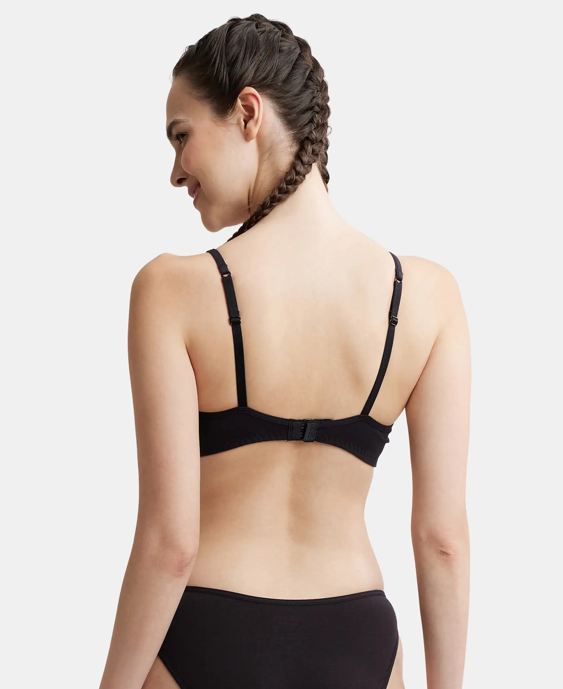 Wirefree Non Padded Super Combed Cotton Elastane Stretch Full Coverage Beginners Bra with Adjustable Straps - Black - Image 3