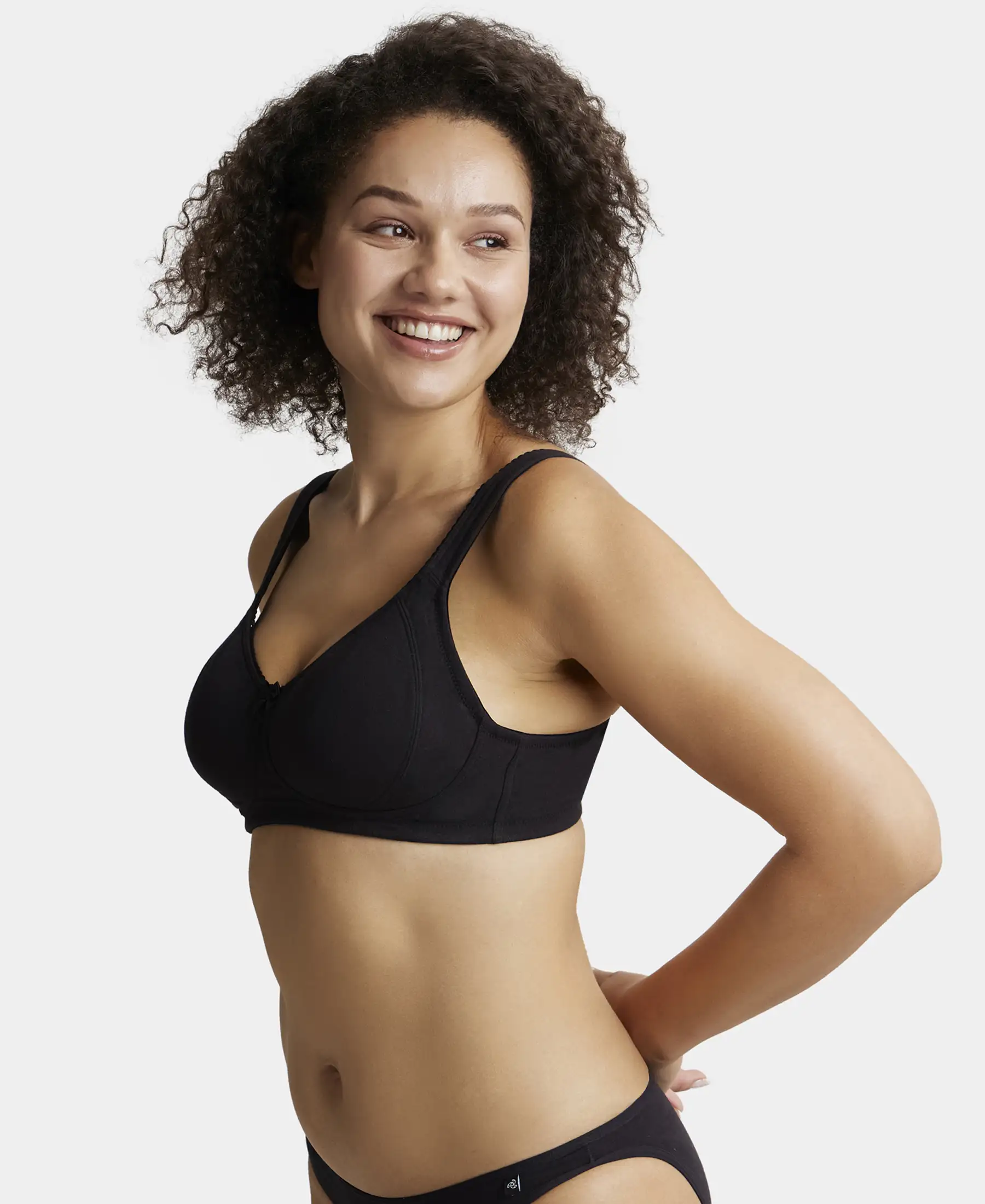 Wirefree Non Padded Super Combed Cotton Elastane Stretch Full Coverage Plus Size Bra Plush Lining Cup - Black - Image 2