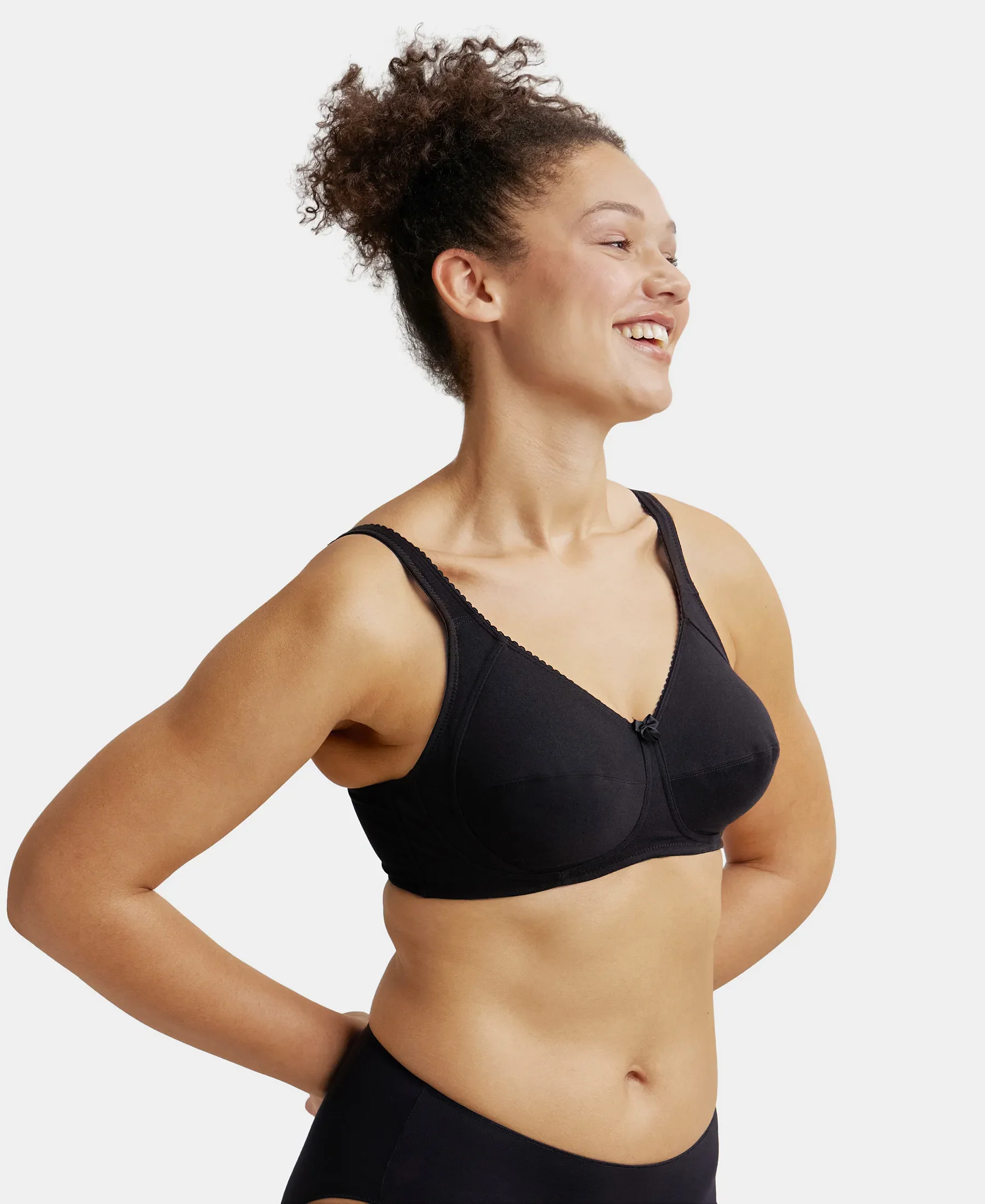 Wirefree Non Padded Super Combed Cotton Elastane Stretch Full Coverage Plus Size Bra with Side Panel Support - Black - Image 2