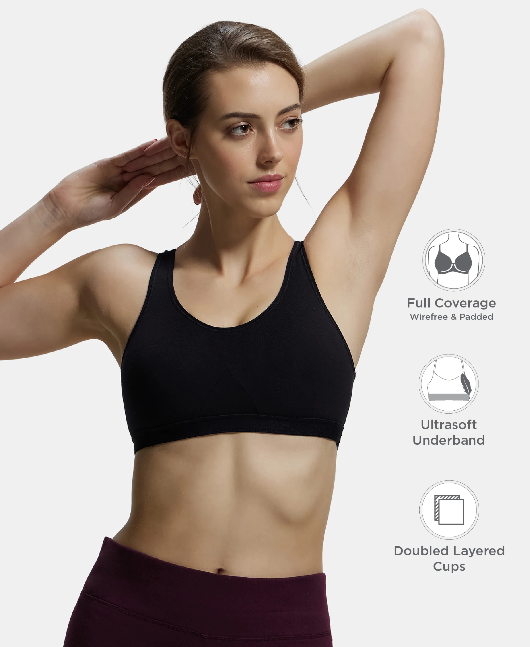 Wirefree Non Padded Super Combed Cotton Elastane Stretch Full Coverage Slip-On Active Bra with Wider Straps and Moisture Move Treatment - Black - Image 2